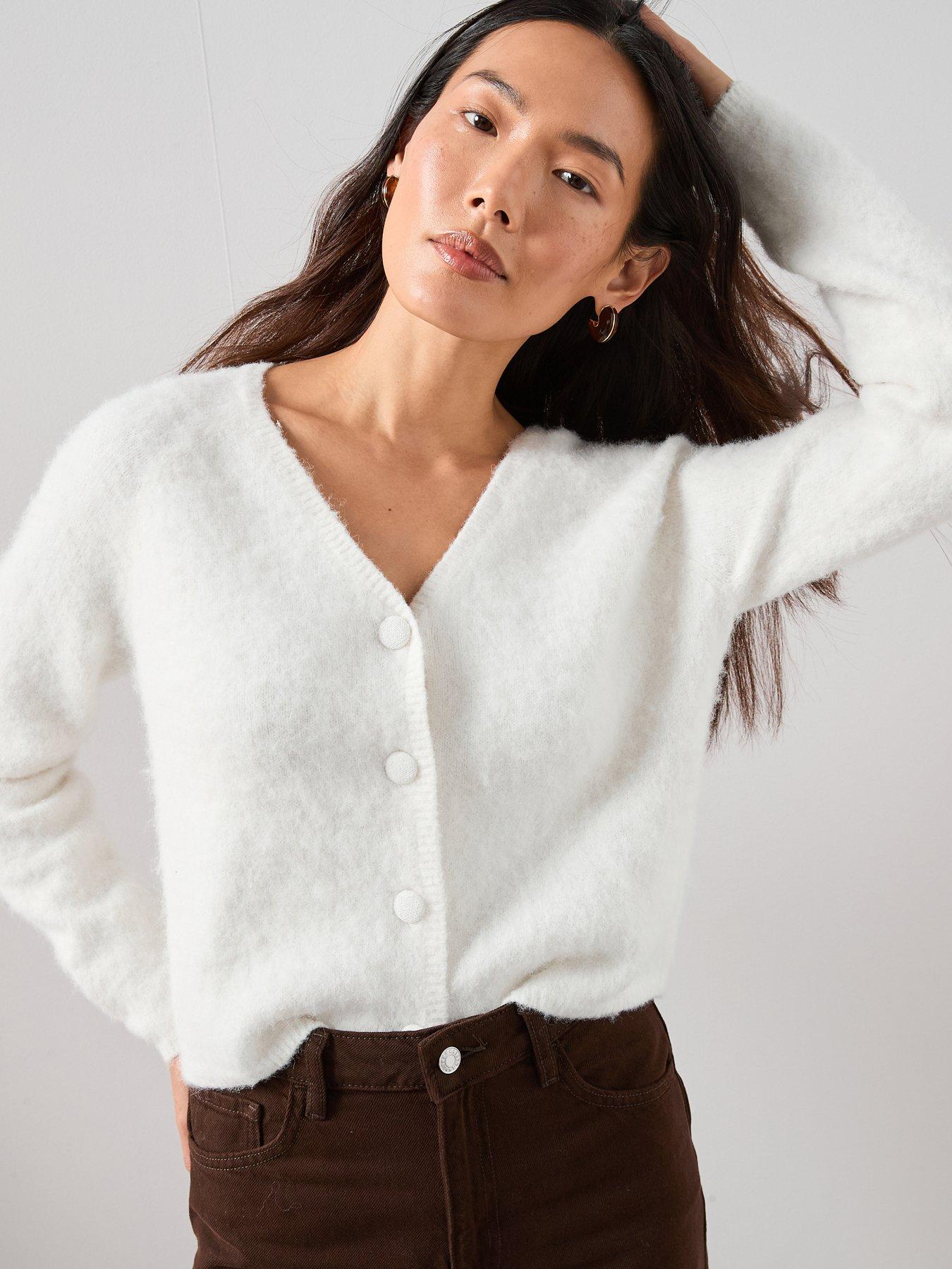 The Very Collection Fluffy V Neck Covered Button Cardigan - Cream