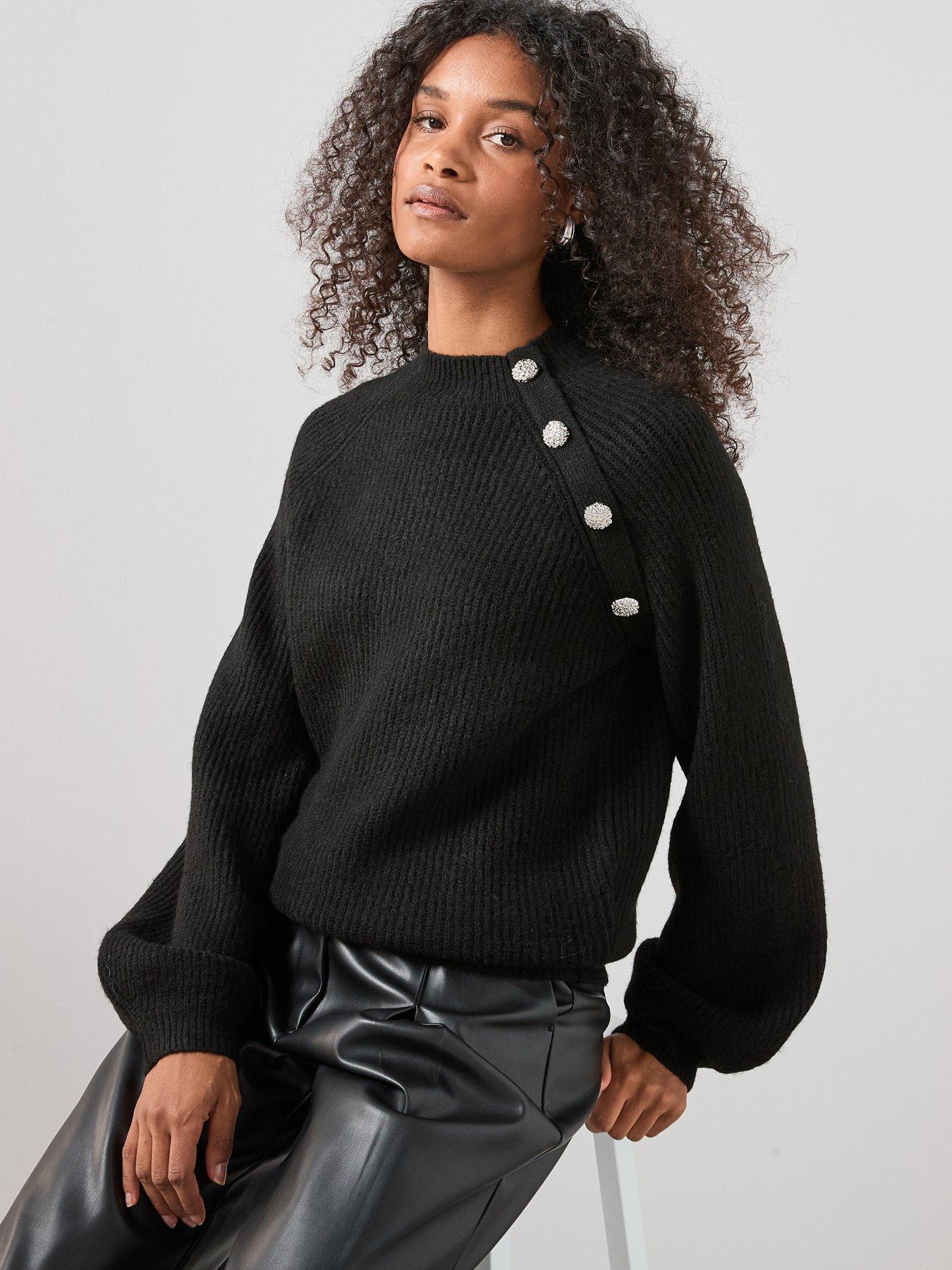 Image 1 of 7 of The Very Collection Funnel Neck Button Shoulder Jumper - Black