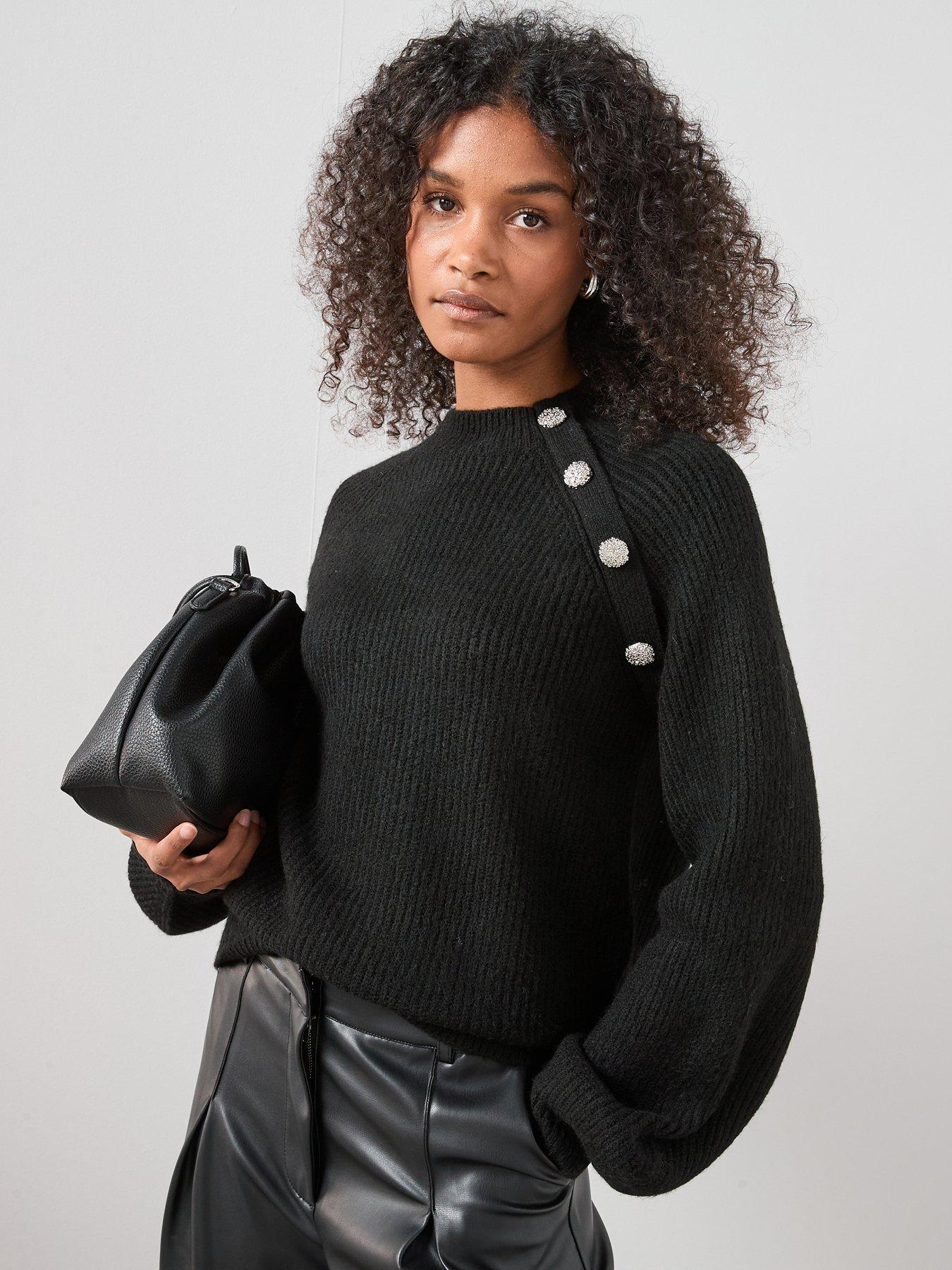 Image 4 of 7 of The Very Collection Funnel Neck Button Shoulder Jumper - Black