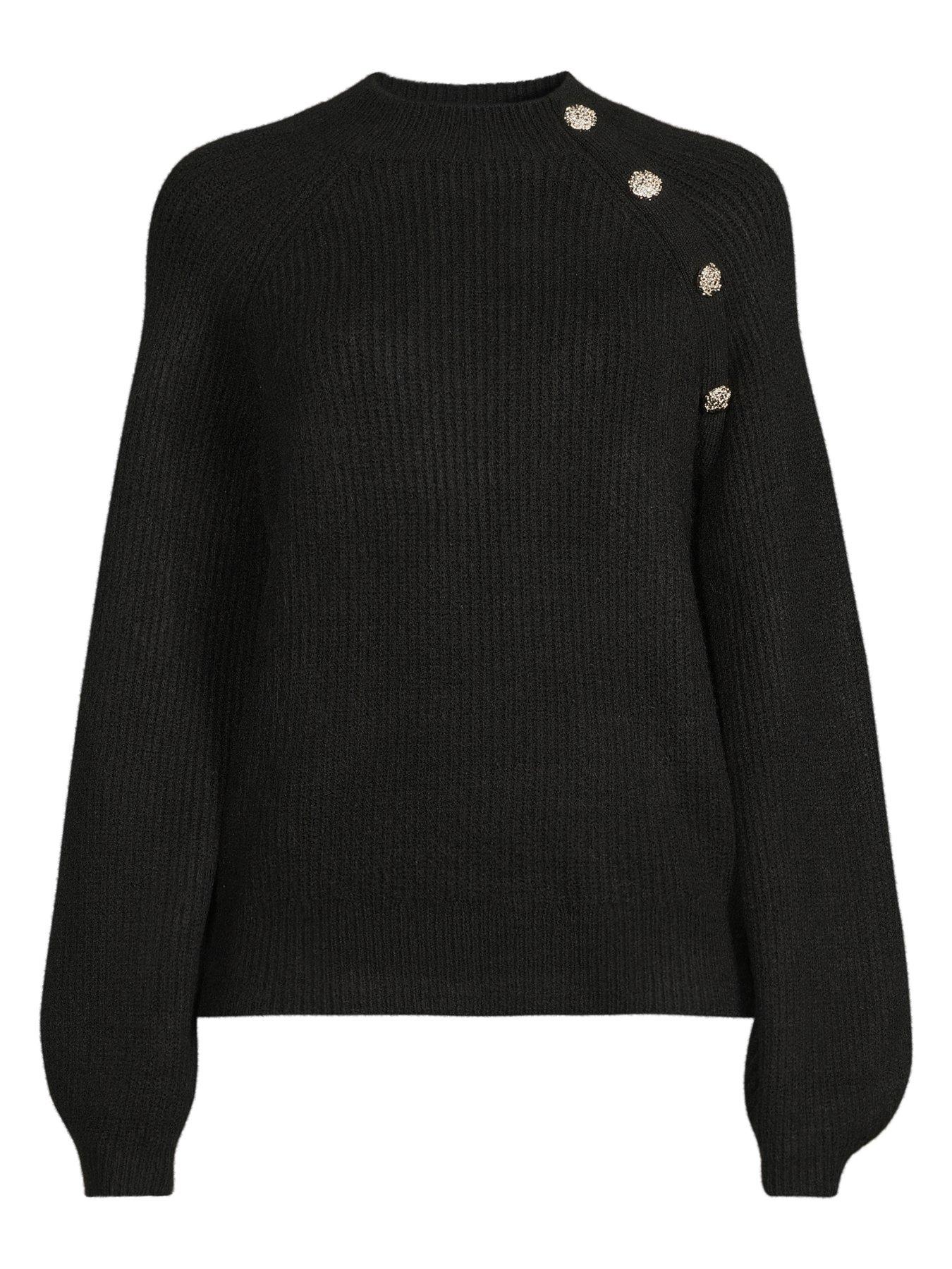 Image 7 of 7 of The Very Collection Funnel Neck Button Shoulder Jumper - Black