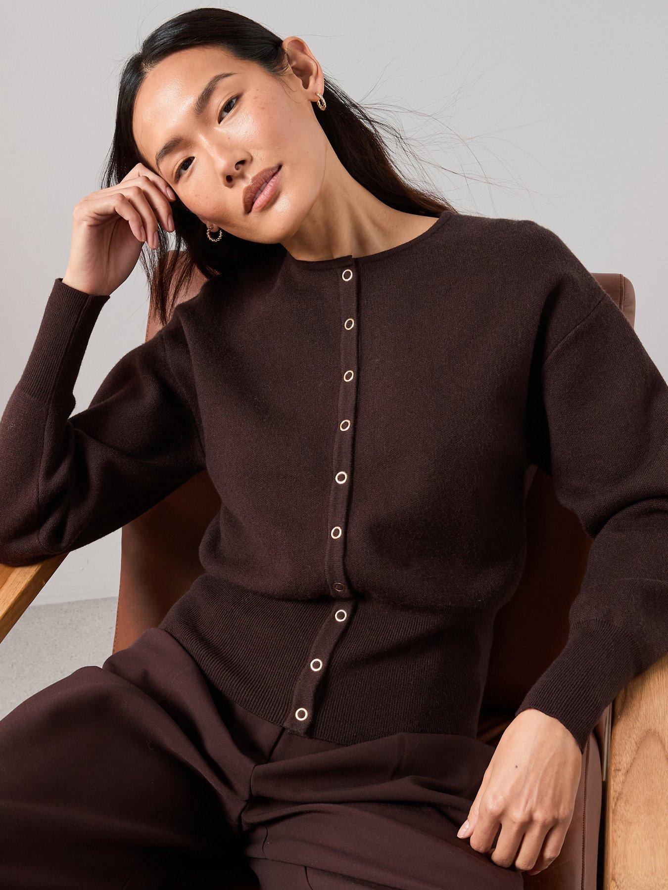 The Very Collection Crew Neck Popper Front Cardigan - Chocolate