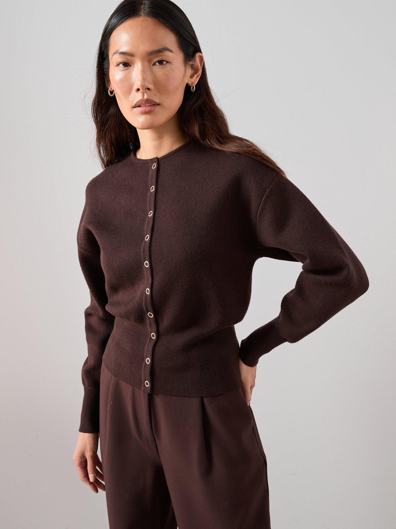 the-very-collection-crew-neck-popper-front-cardigan-chocolateoutfit