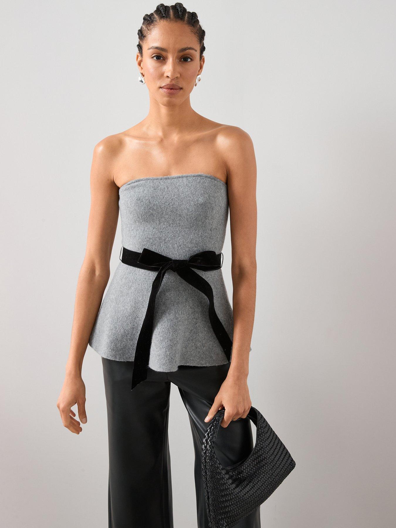 The Very Collection Bandeau Belted Knitted Top - Grey