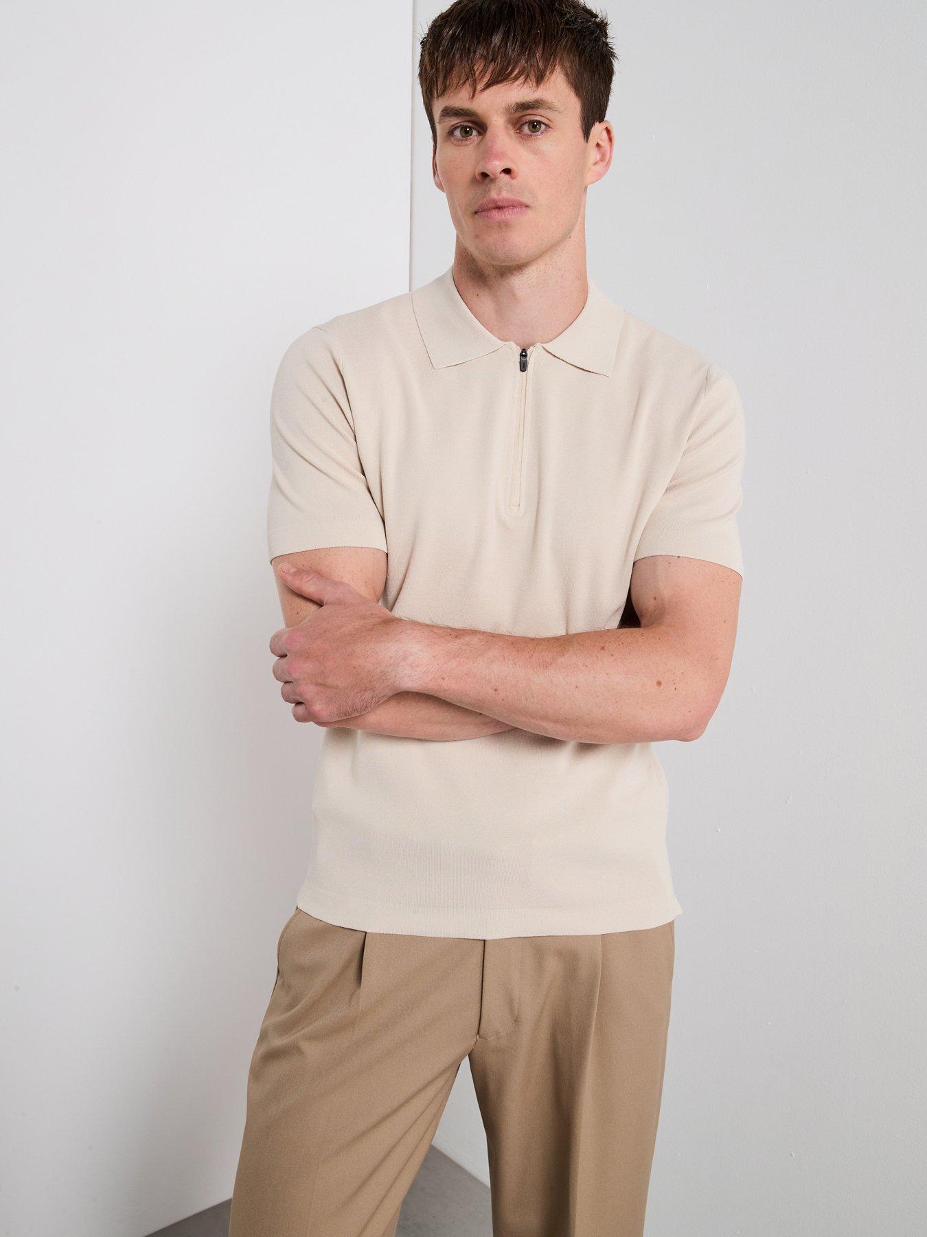 Mango Miller Short Sleeve Zip Neck Polo Shirt - Light Beige