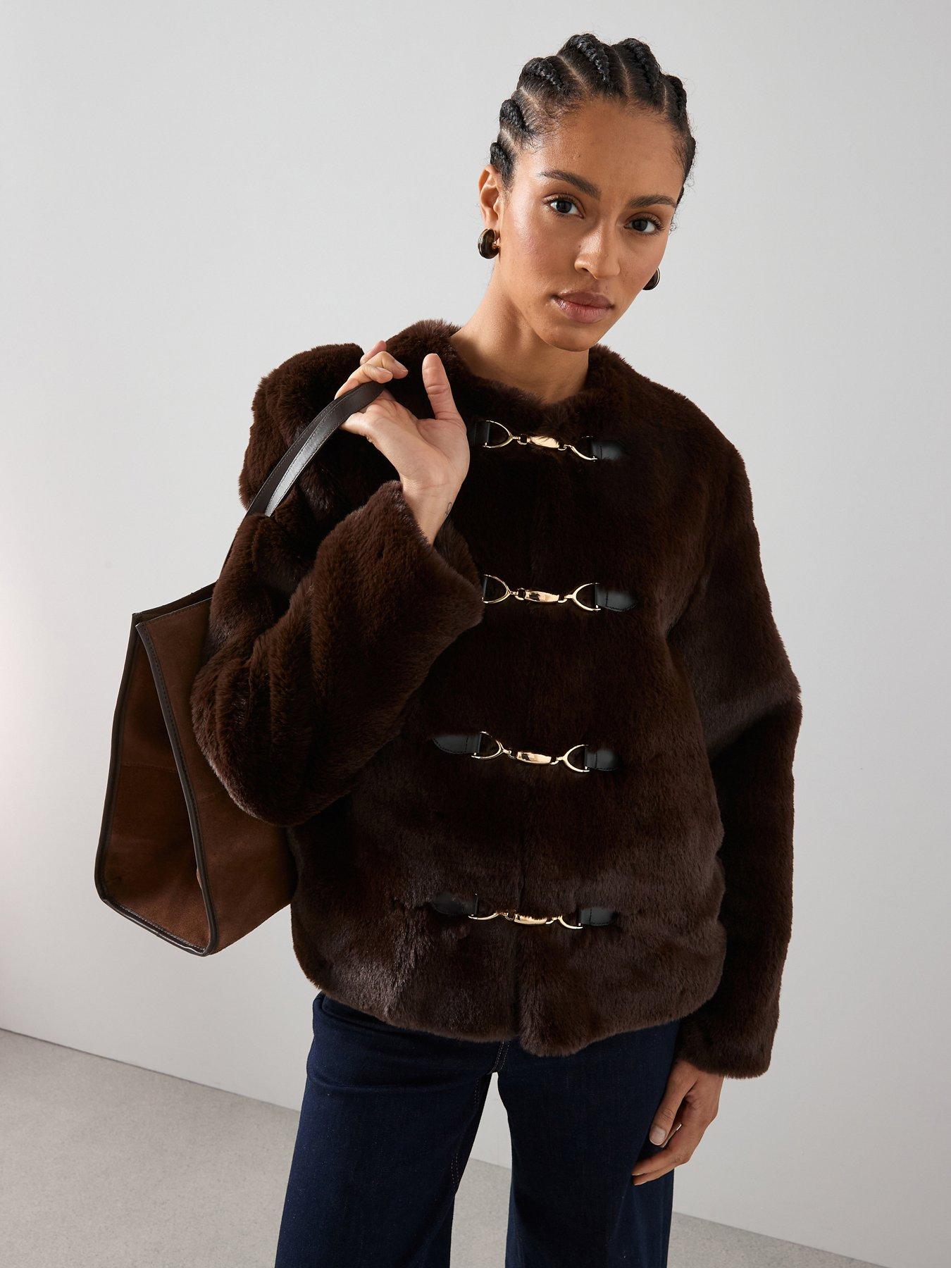 the-very-collection-faux-fur-collarless-jacket-with-buckle-details-brown