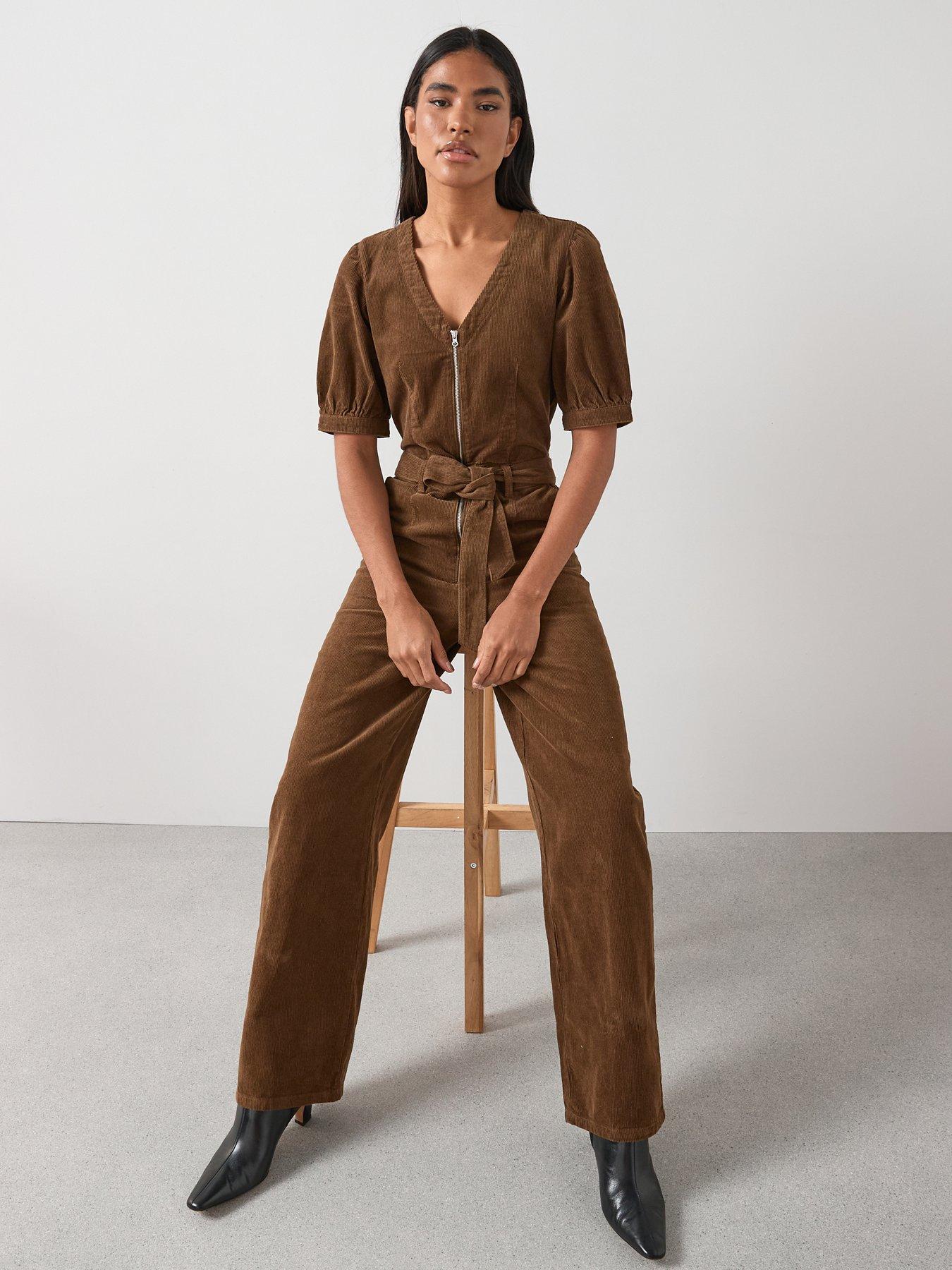 The Very Collection V Neck Cord Zip Through Jumpsuit - Beige