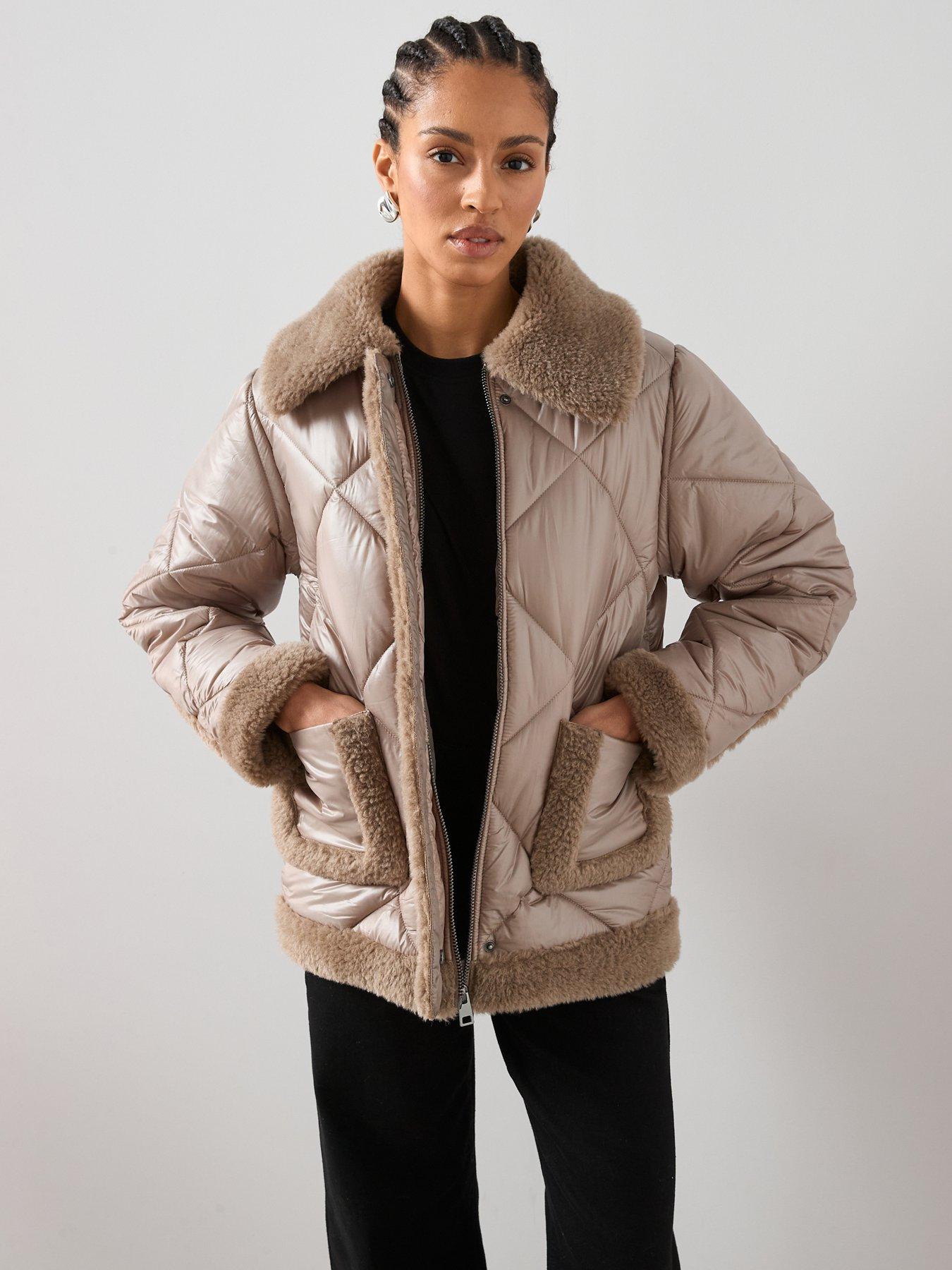 The Very Collection Diamond Quilt Coat With Faux Fur Trims - Mocha