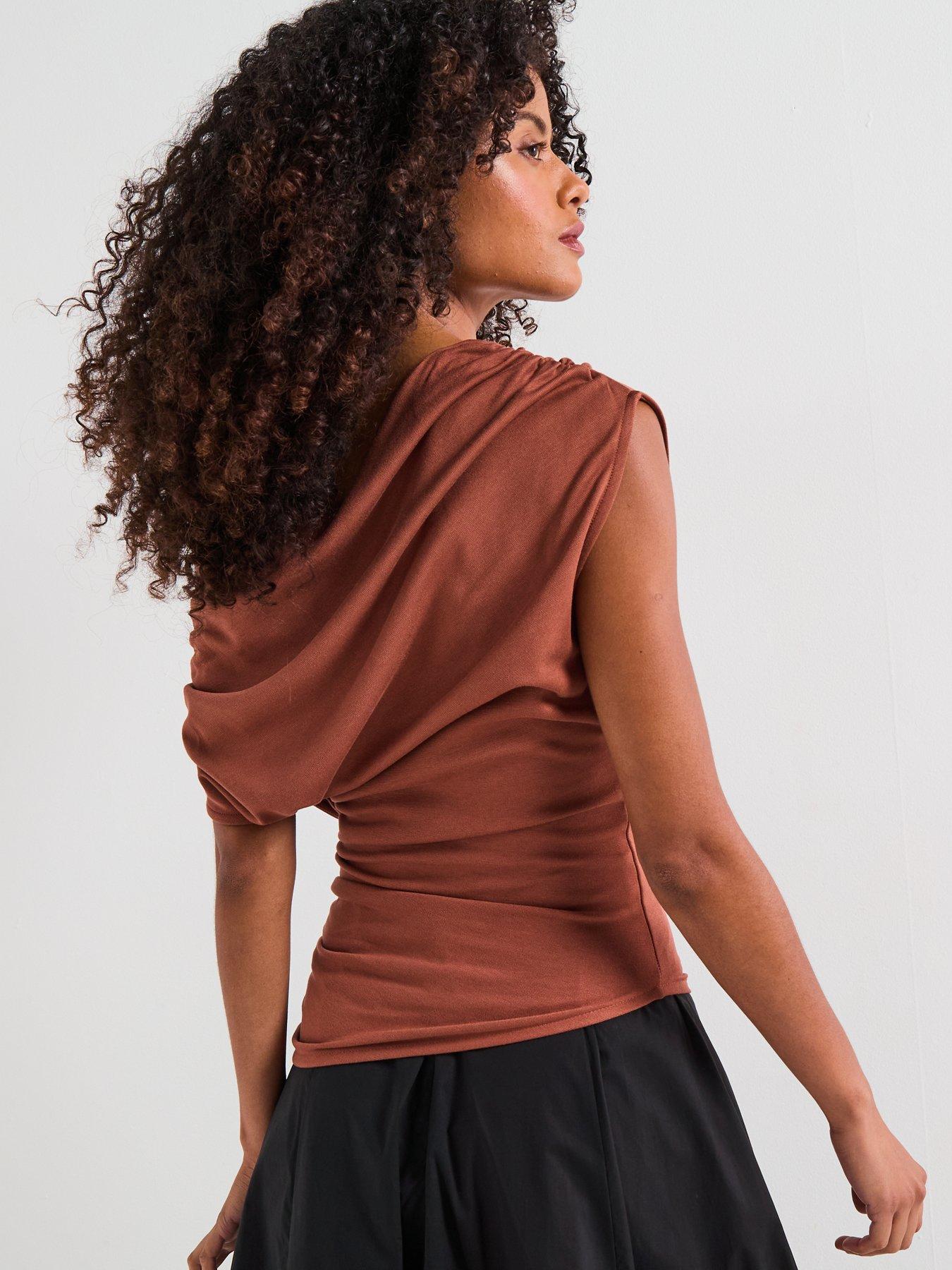 Image 2 of 5 of V by Very Off Shoulder Ruched Asymmetric Top - Brown