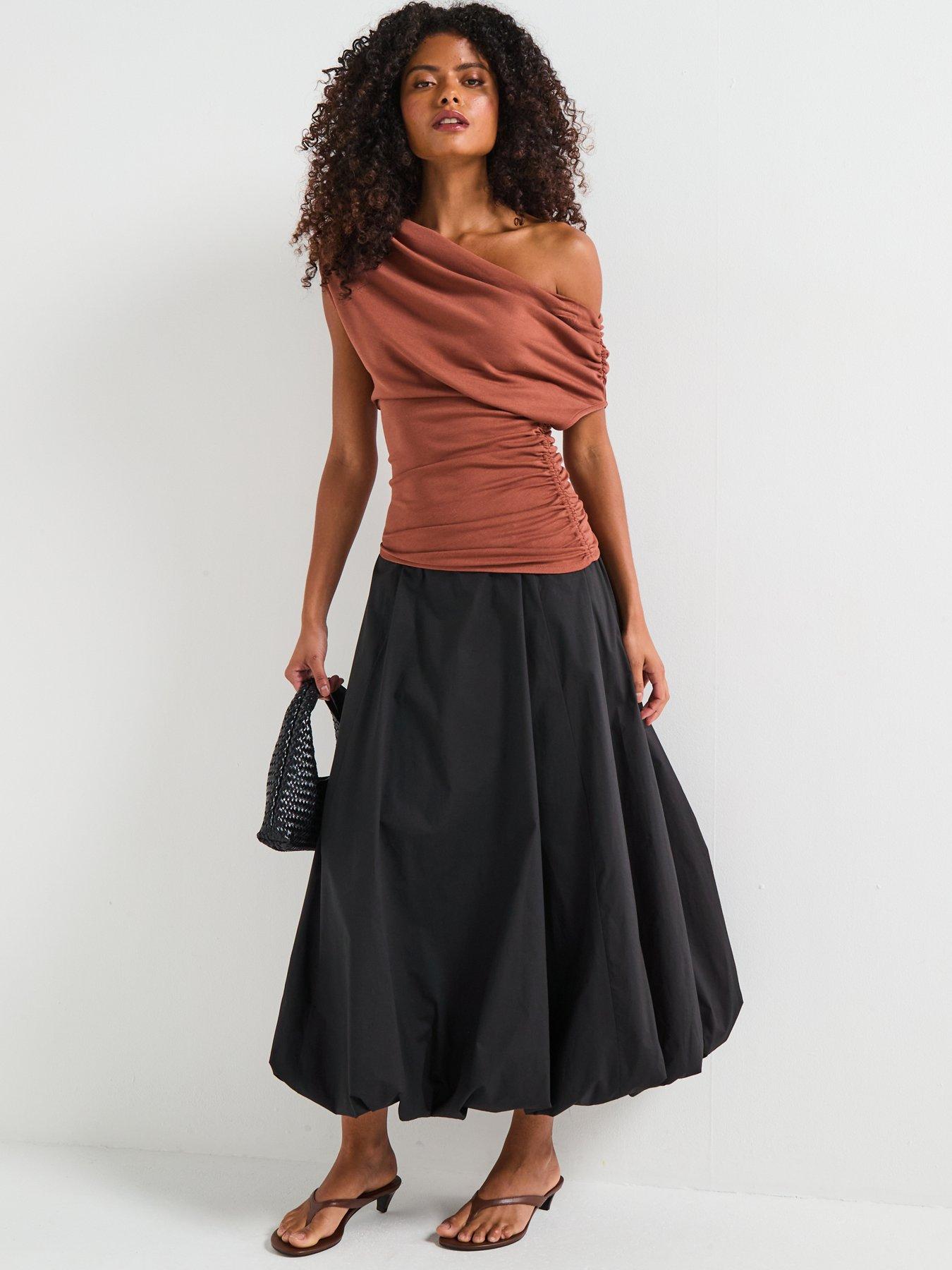 Image 3 of 5 of V by Very Off Shoulder Ruched Asymmetric Top - Brown