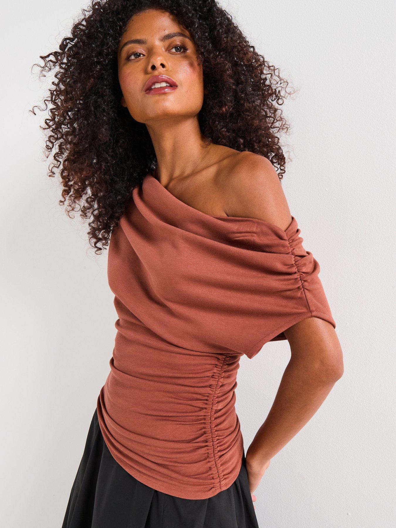 Image 5 of 5 of V by Very Off Shoulder Ruched Asymmetric Top - Brown