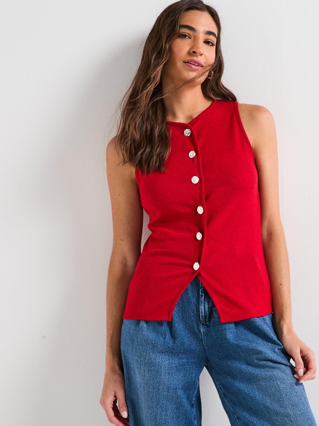 V by Very Button Up Snit Waistcoat- Red