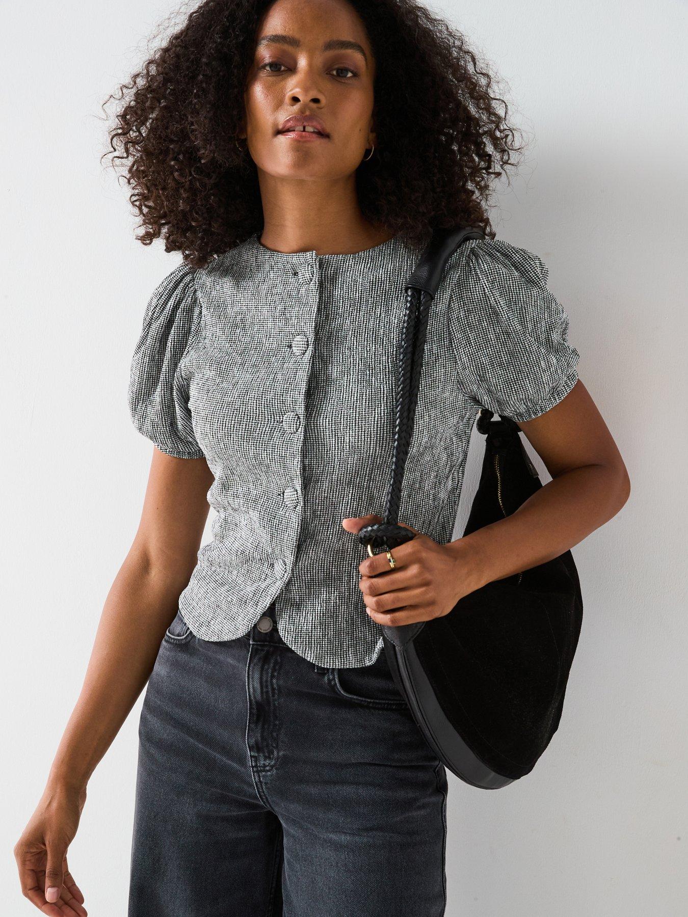 undefined Gingham Puff Sleeve Button Up Top - Black
