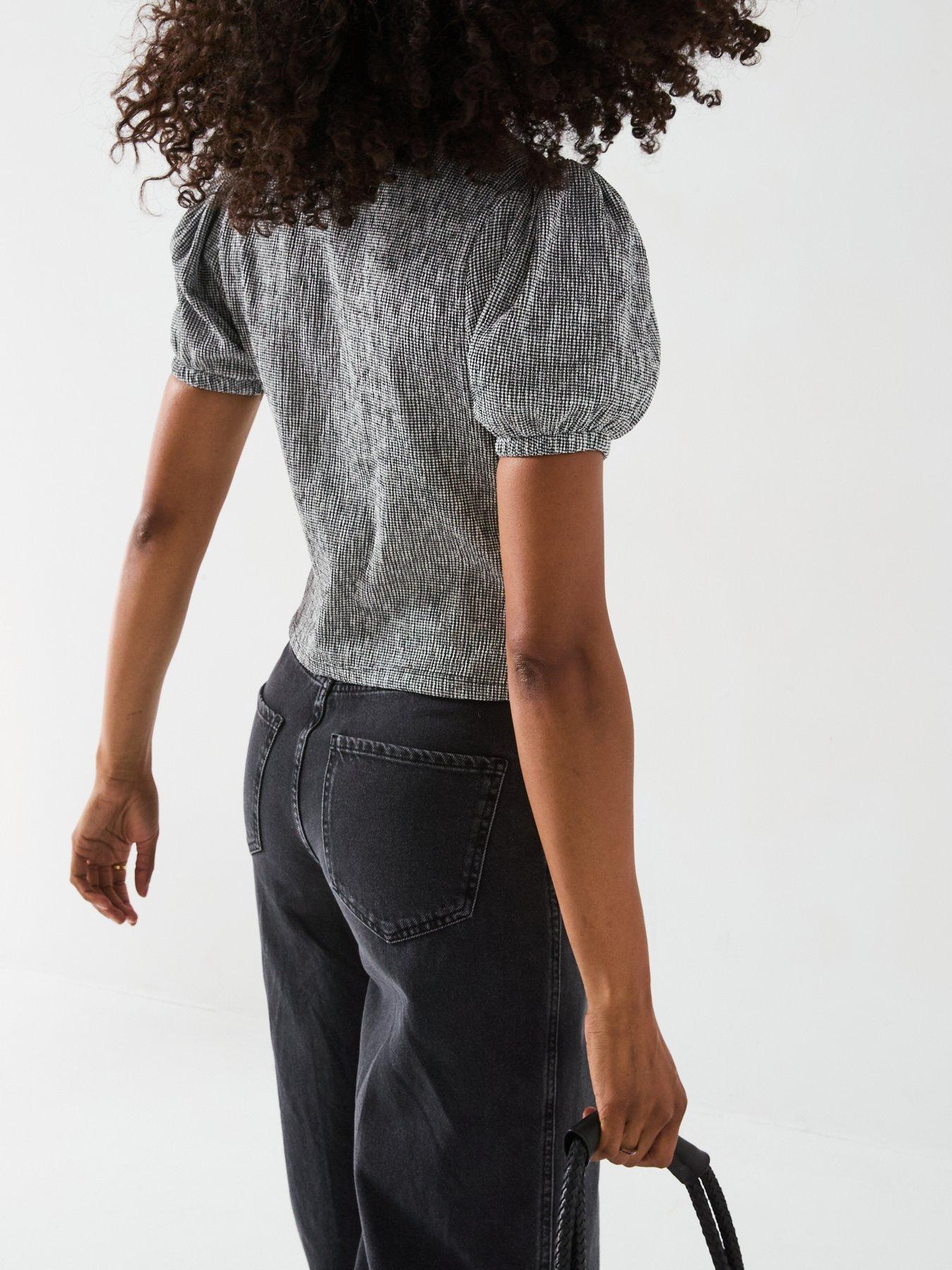 v-by-very-gingham-puff-sleeve-button-up-top-blackstillFront