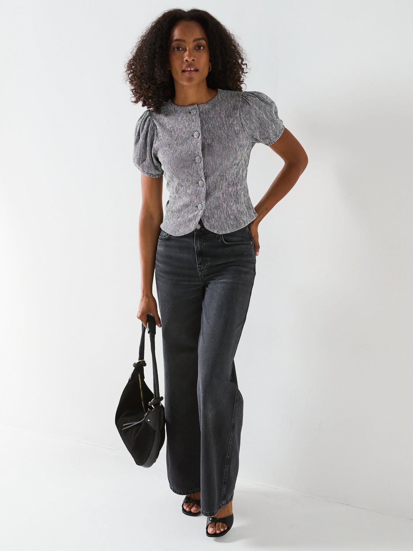 v-by-very-gingham-puff-sleeve-button-up-top-blackback