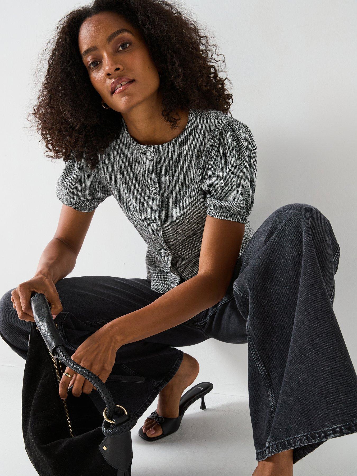 v-by-very-gingham-puff-sleeve-button-up-top-blackoutfit