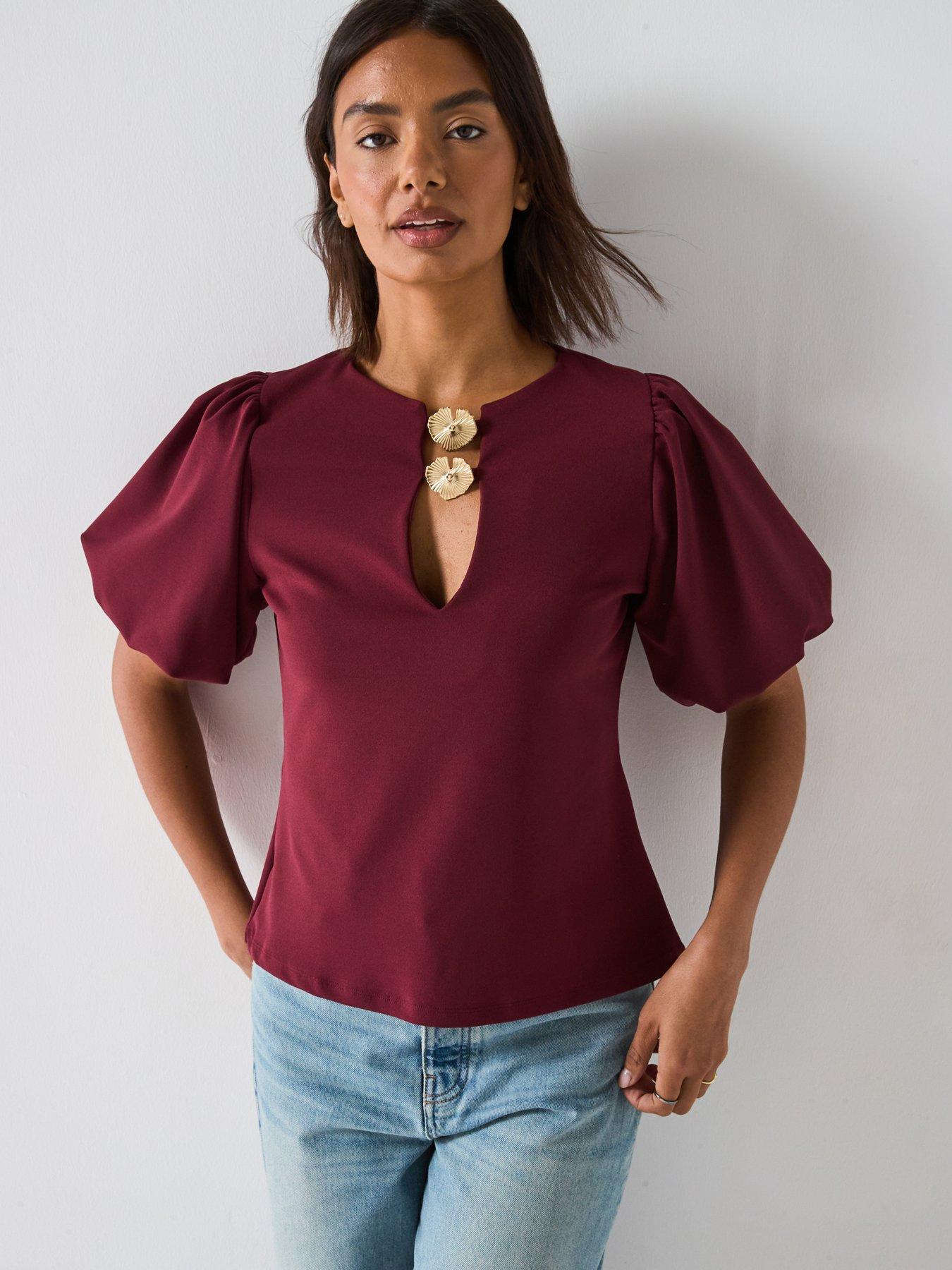 v-by-very-puff-sleeve-gold-trim-top-redfront