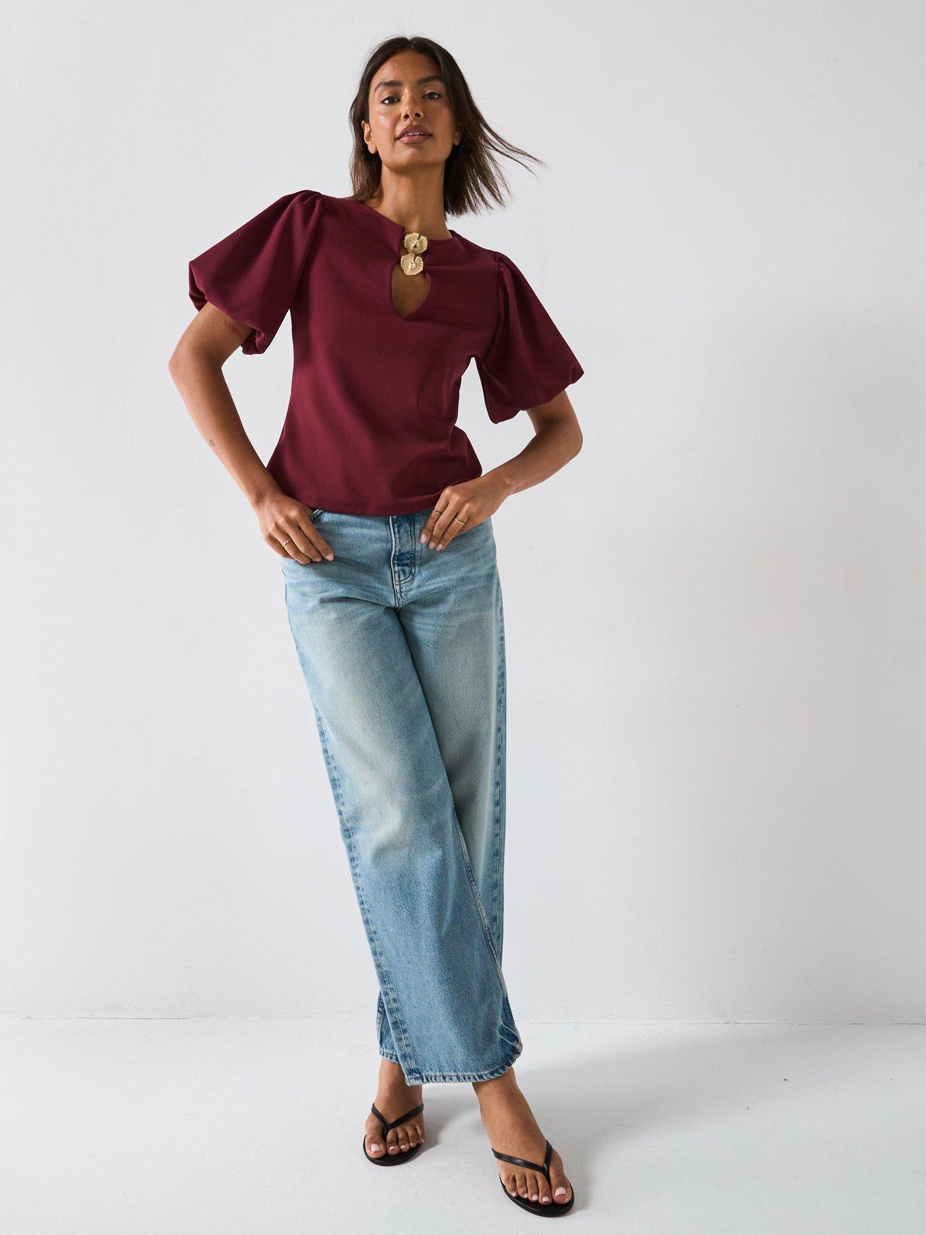 v-by-very-puff-sleeve-gold-trim-top-redback