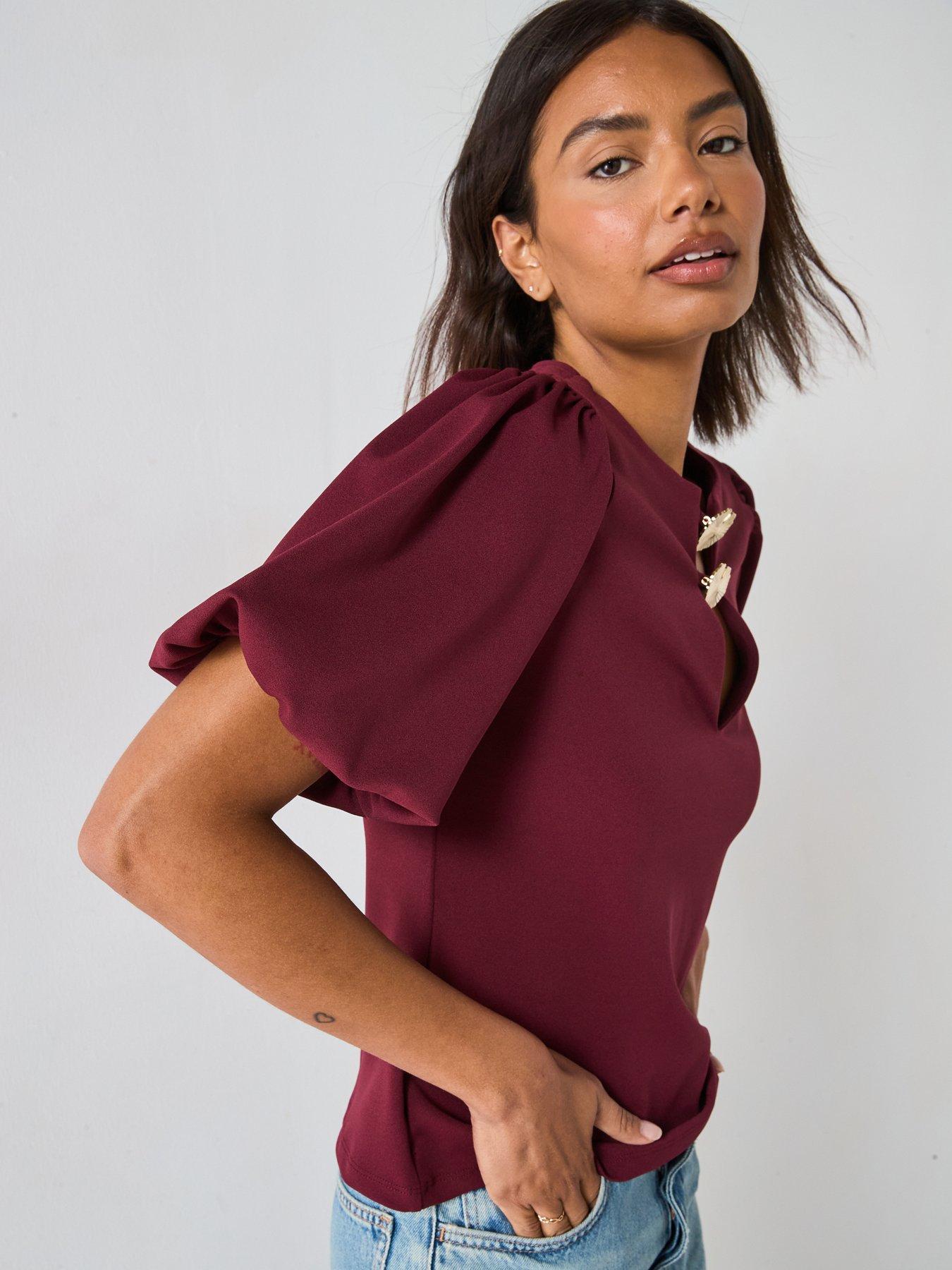 v-by-very-puff-sleeve-gold-trim-top-reddetail