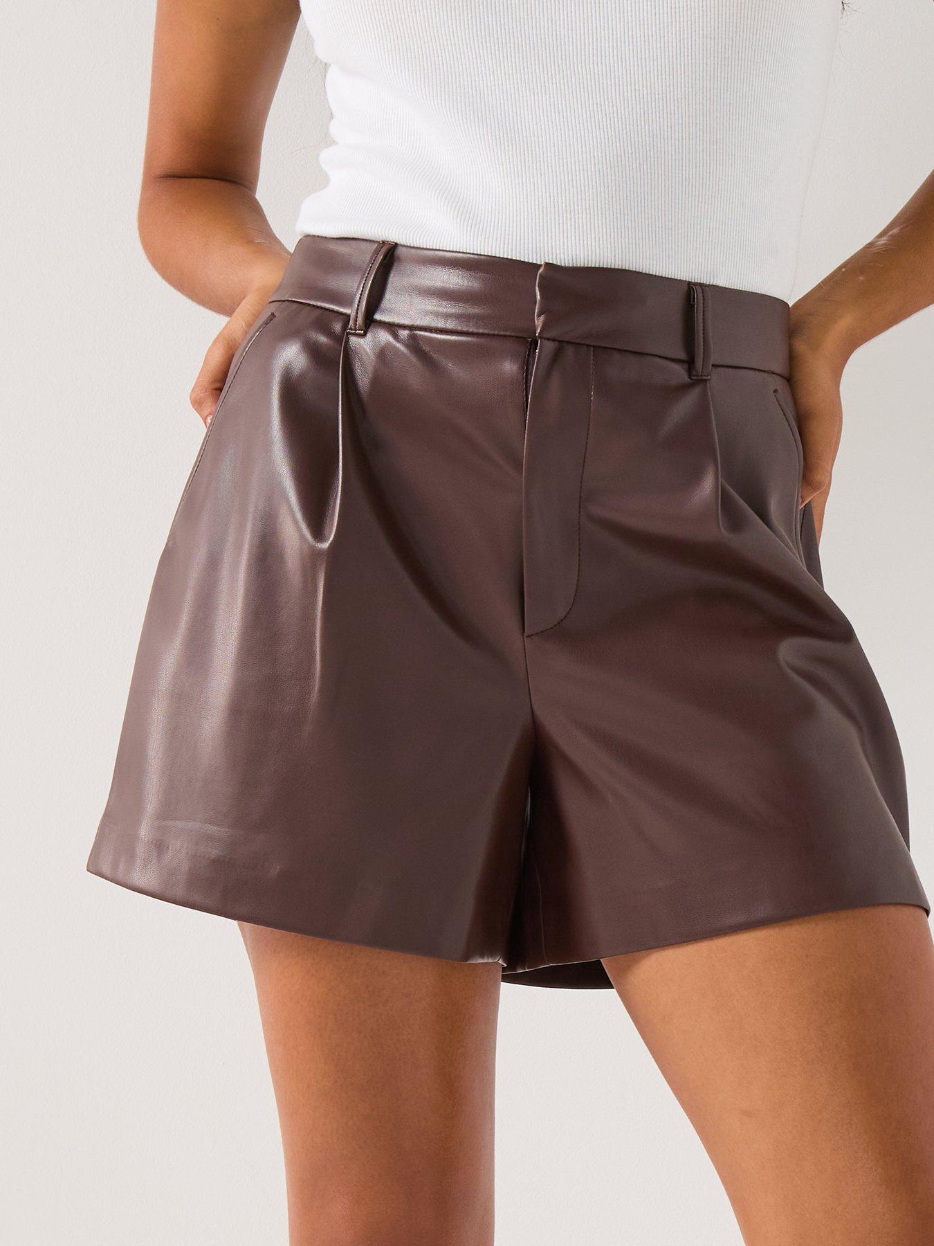Image 4 of 6 of Only Smooth High Waist Faux Leather Shorts - Brown