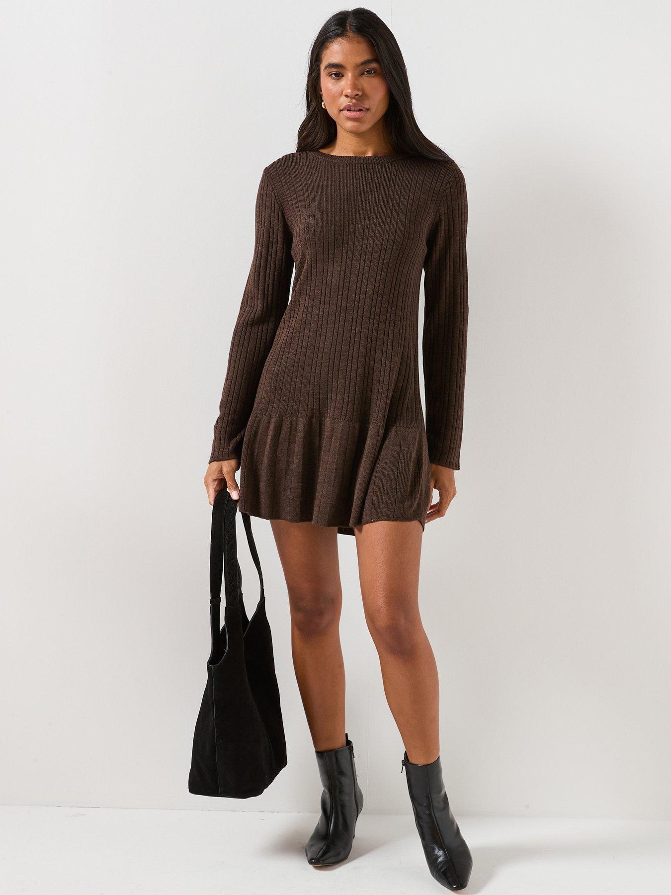 Image 1 of 6 of Only Tessie Long Sleeve Ribbed Knit Dress - Brown