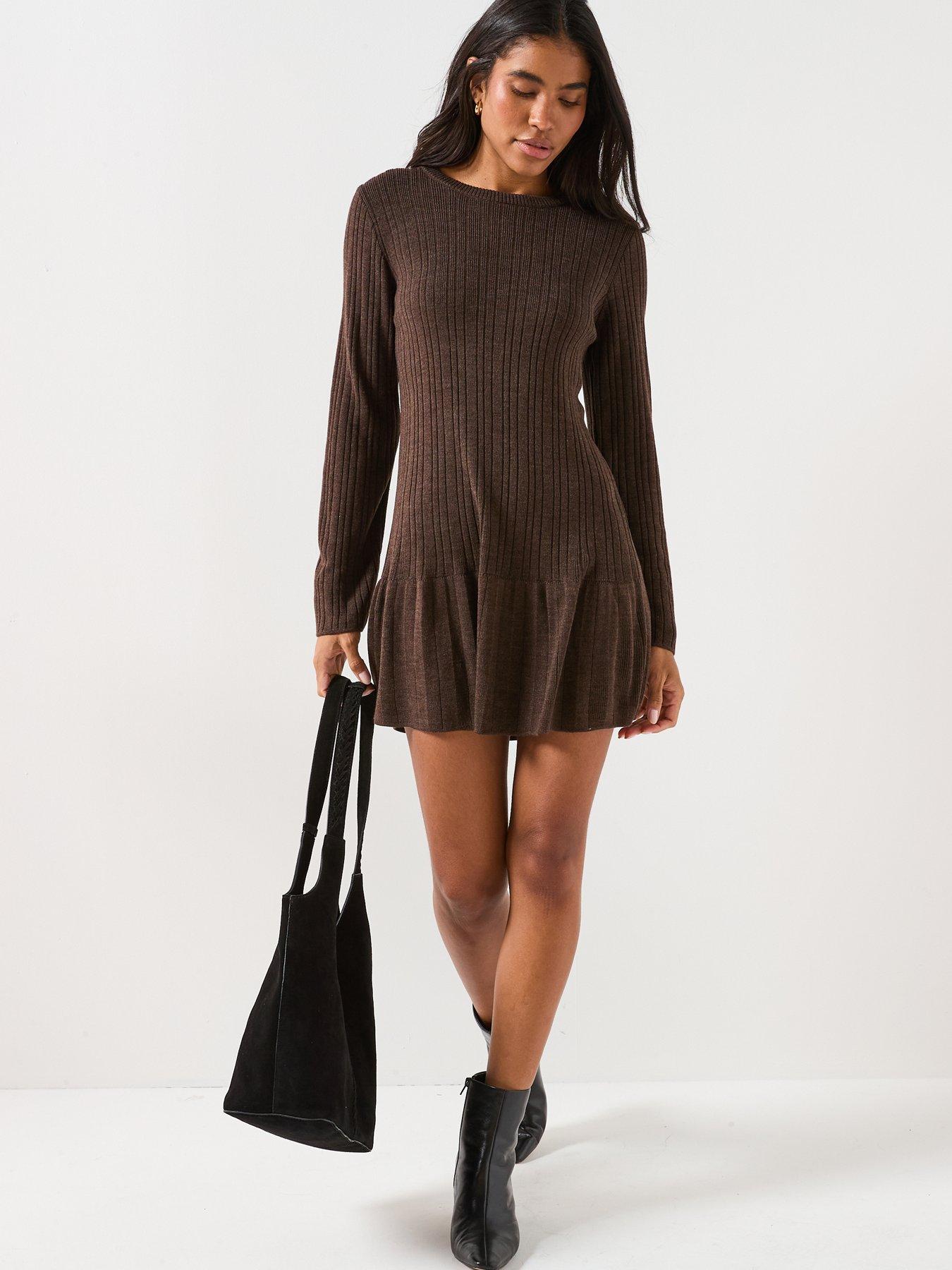 Image 3 of 6 of Only Tessie Long Sleeve Ribbed Knit Dress - Brown
