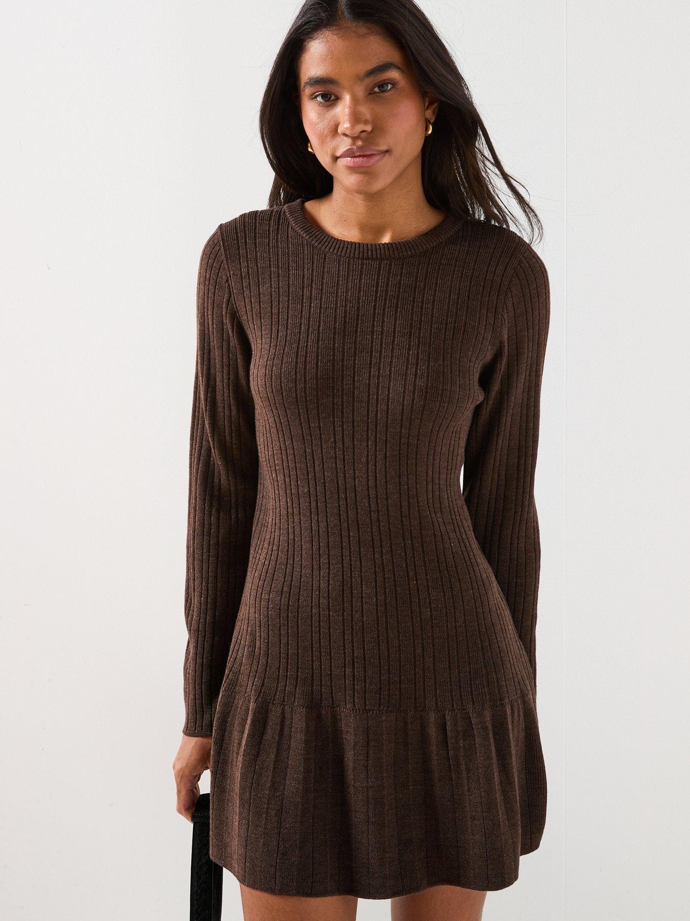 Image 4 of 6 of Only Tessie Long Sleeve Ribbed Knit Dress - Brown
