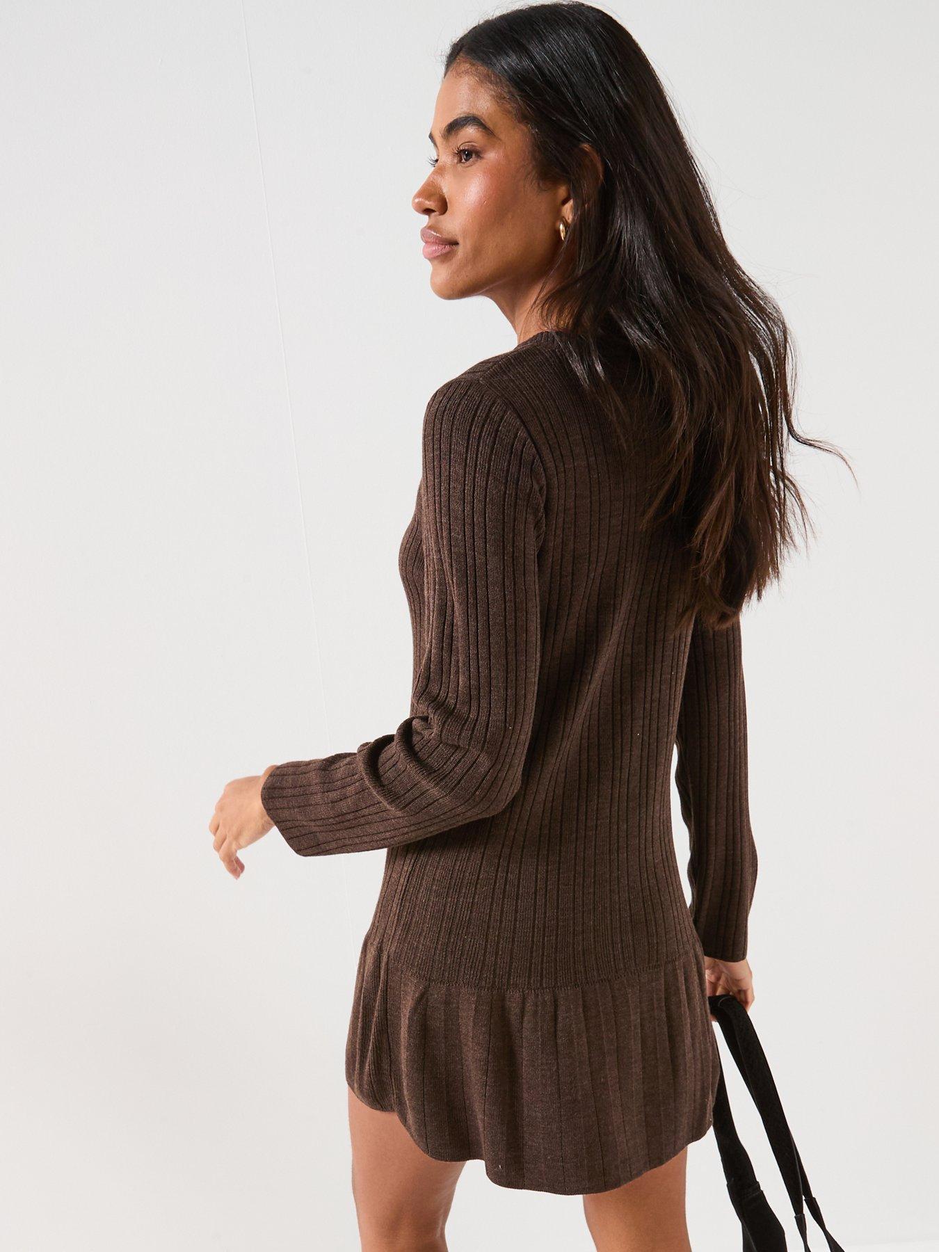 Image 5 of 6 of Only Tessie Long Sleeve Ribbed Knit Dress - Brown