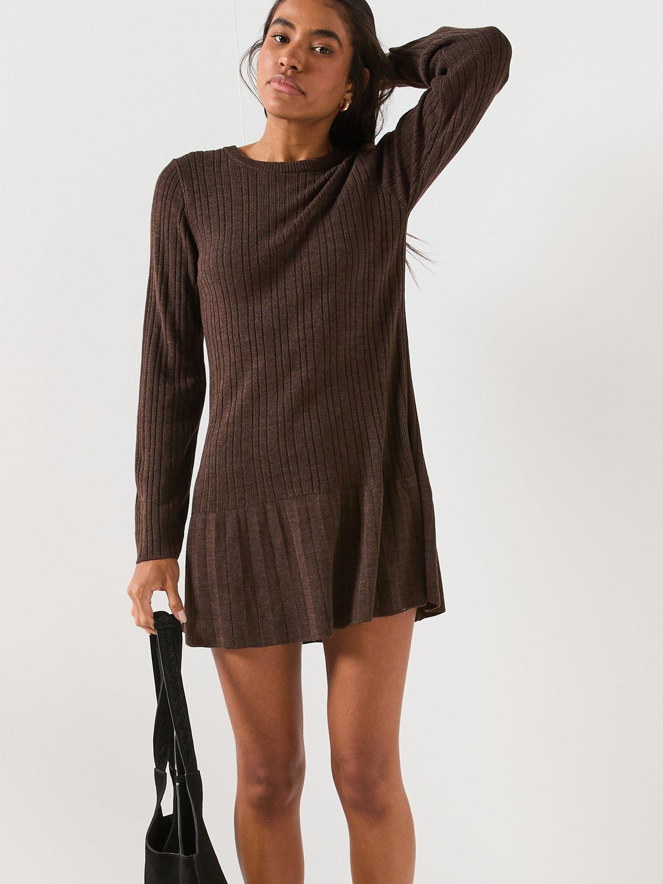 Image 6 of 6 of Only Tessie Long Sleeve Ribbed Knit Dress - Brown
