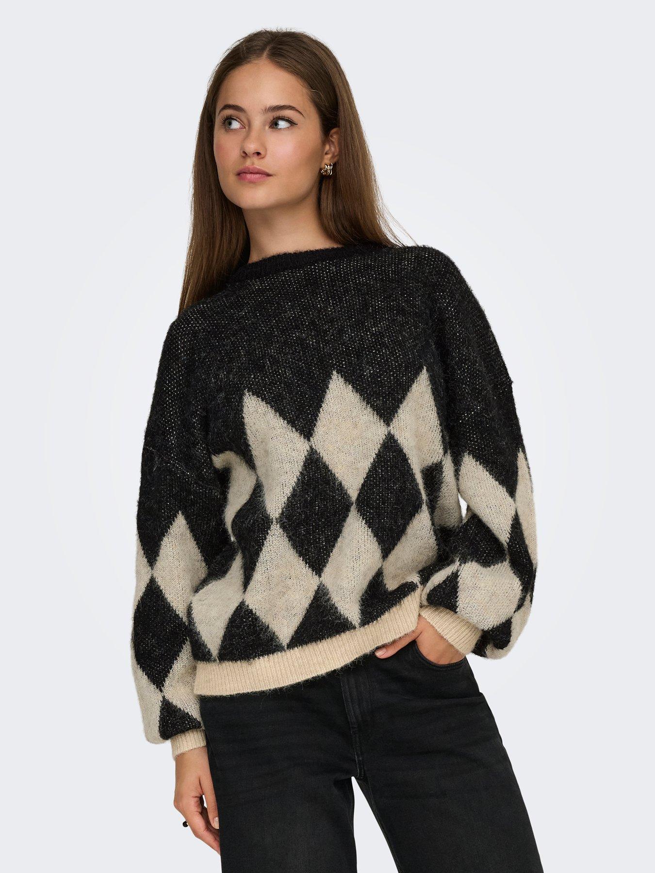 Only Life Long Sleeve Argyle Knit Jumper - Black