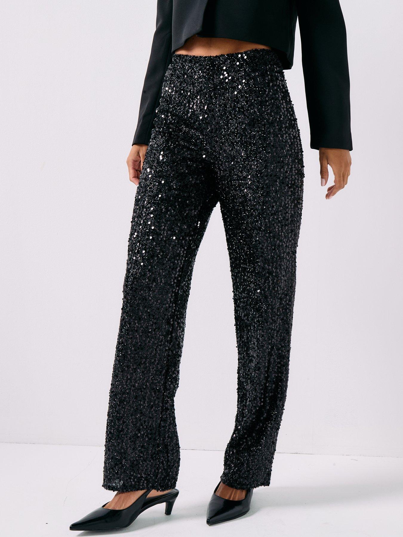 JDY Sequin Straight Leg Jersey Trousers - Black