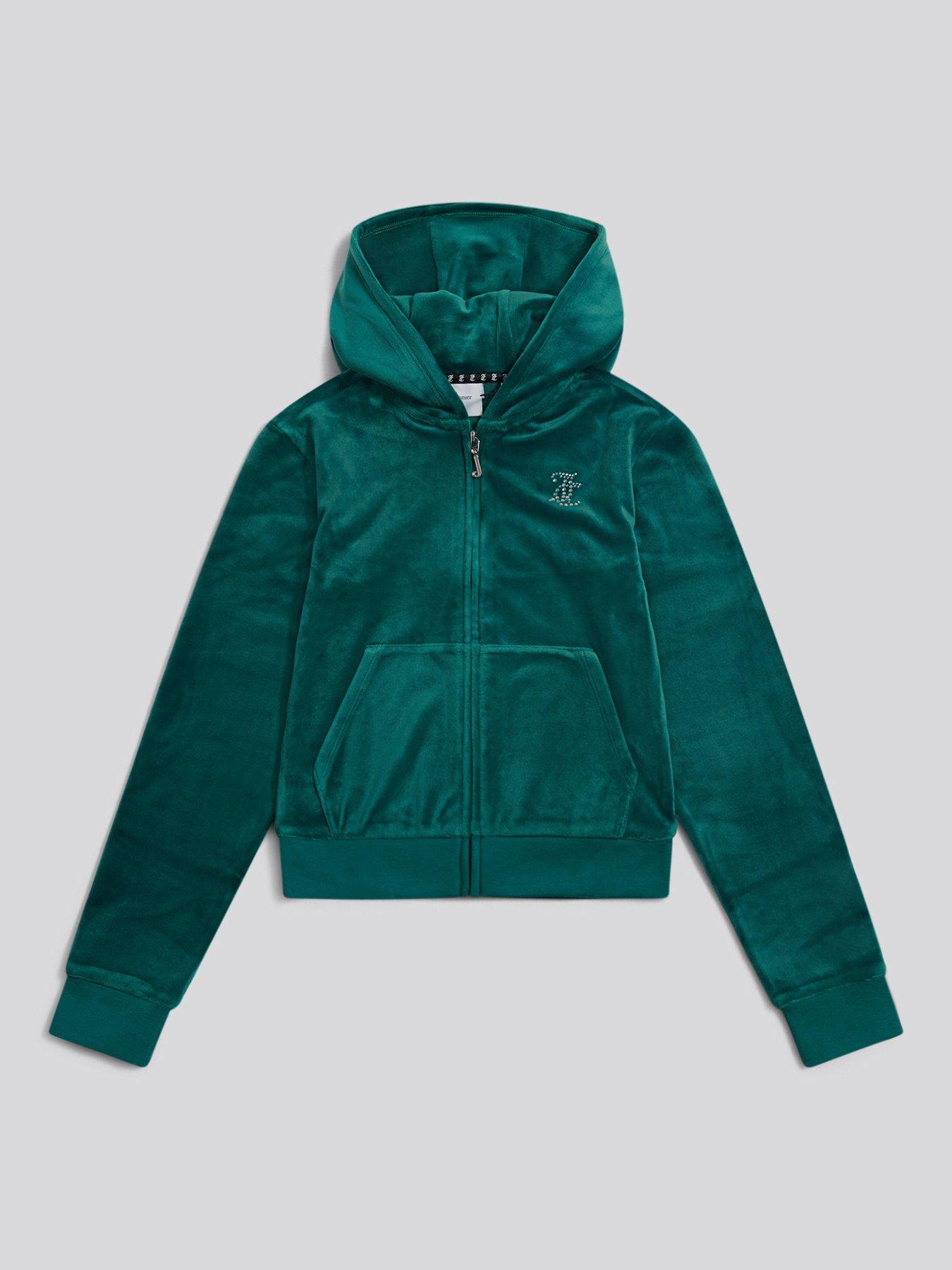 Juicy Couture Girls Diamante Velour Zip Through Hoodie - Green