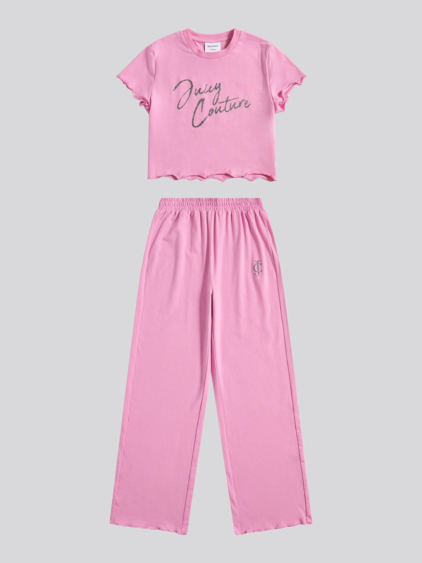 Juicy Couture Girls Script Lettuce Short Sleeve T-Shirt  &  Wide Leg Pyjama Set - Pink