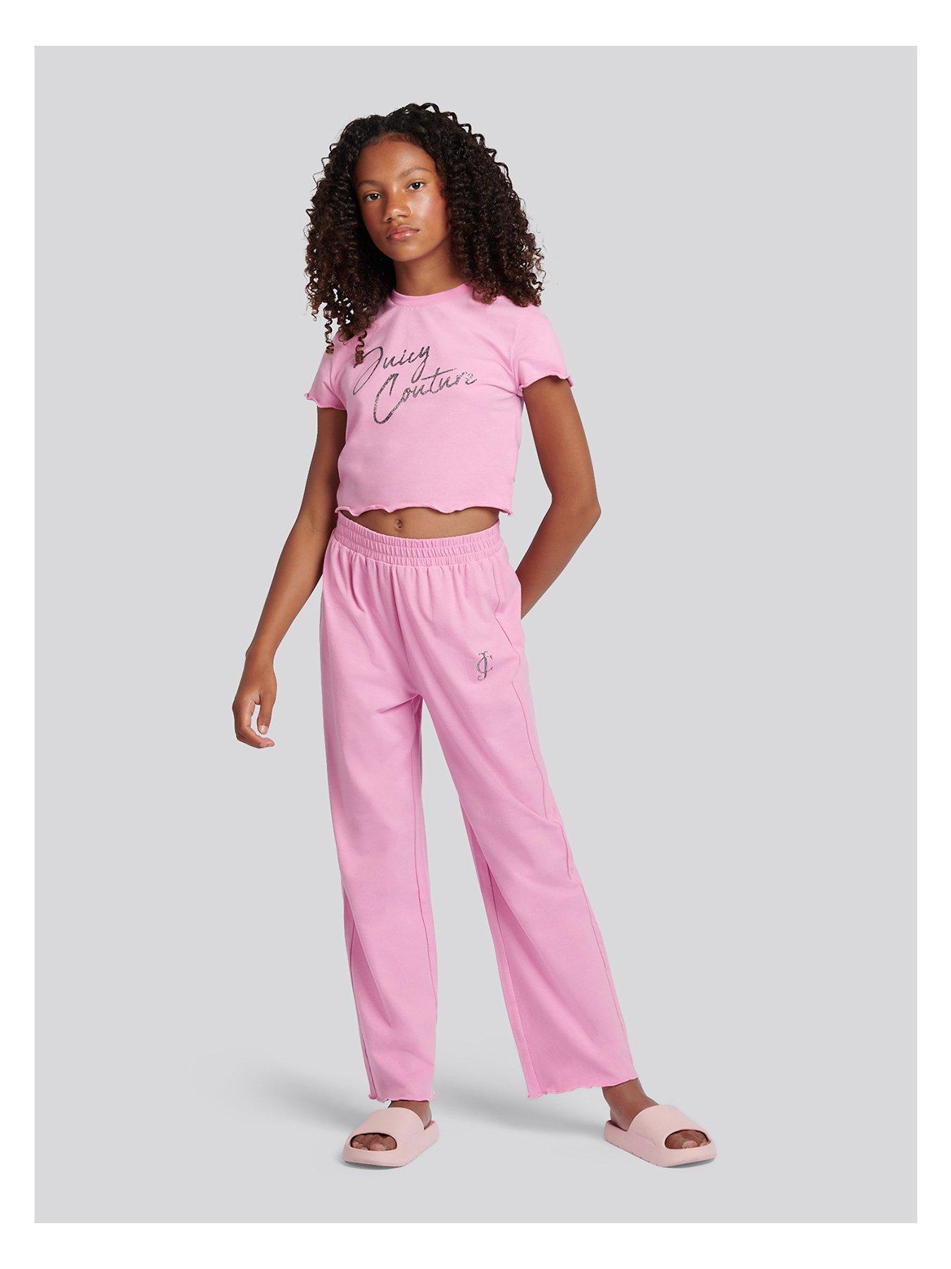 Image 2 of 6 of Juicy Couture Girls Script Lettuce Short Sleeve T-Shirt &amp; Wide Leg Pyjama Set - Pink
