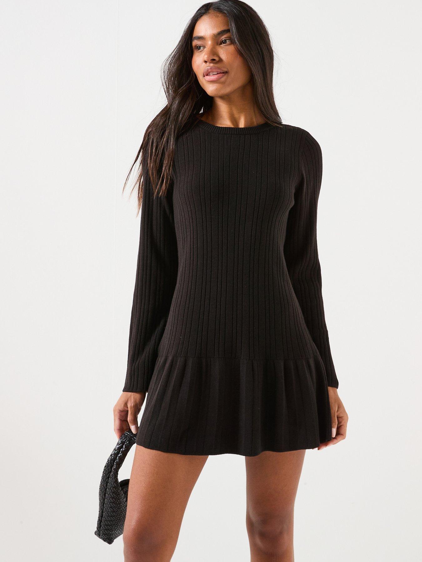 Only Tessie Long Sleeve Ribbed Knitted Flared Dress - Black