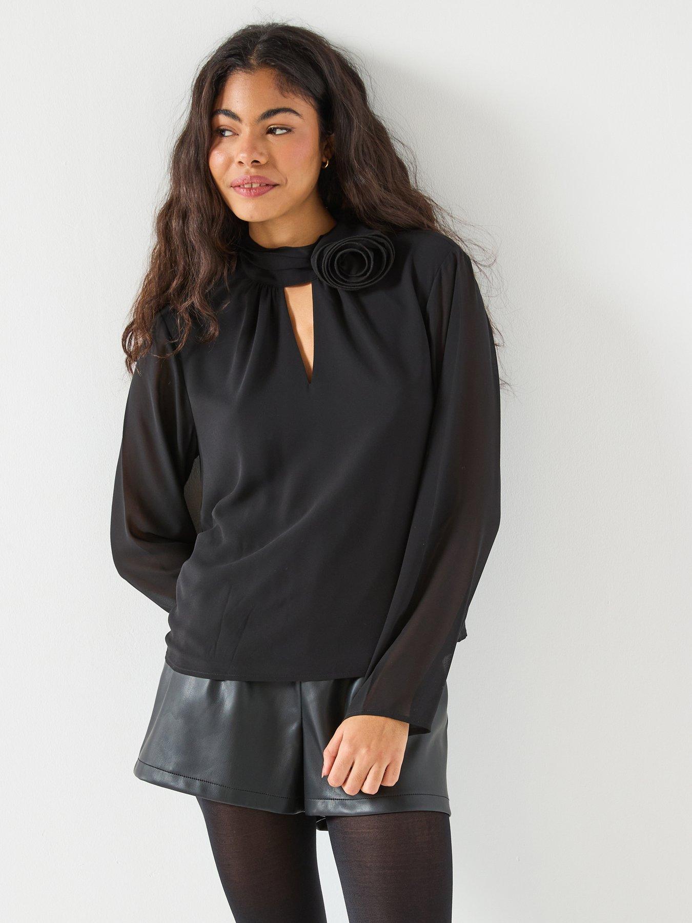 JDY Nomi Long Sleeve High Neck Rose Top - Black