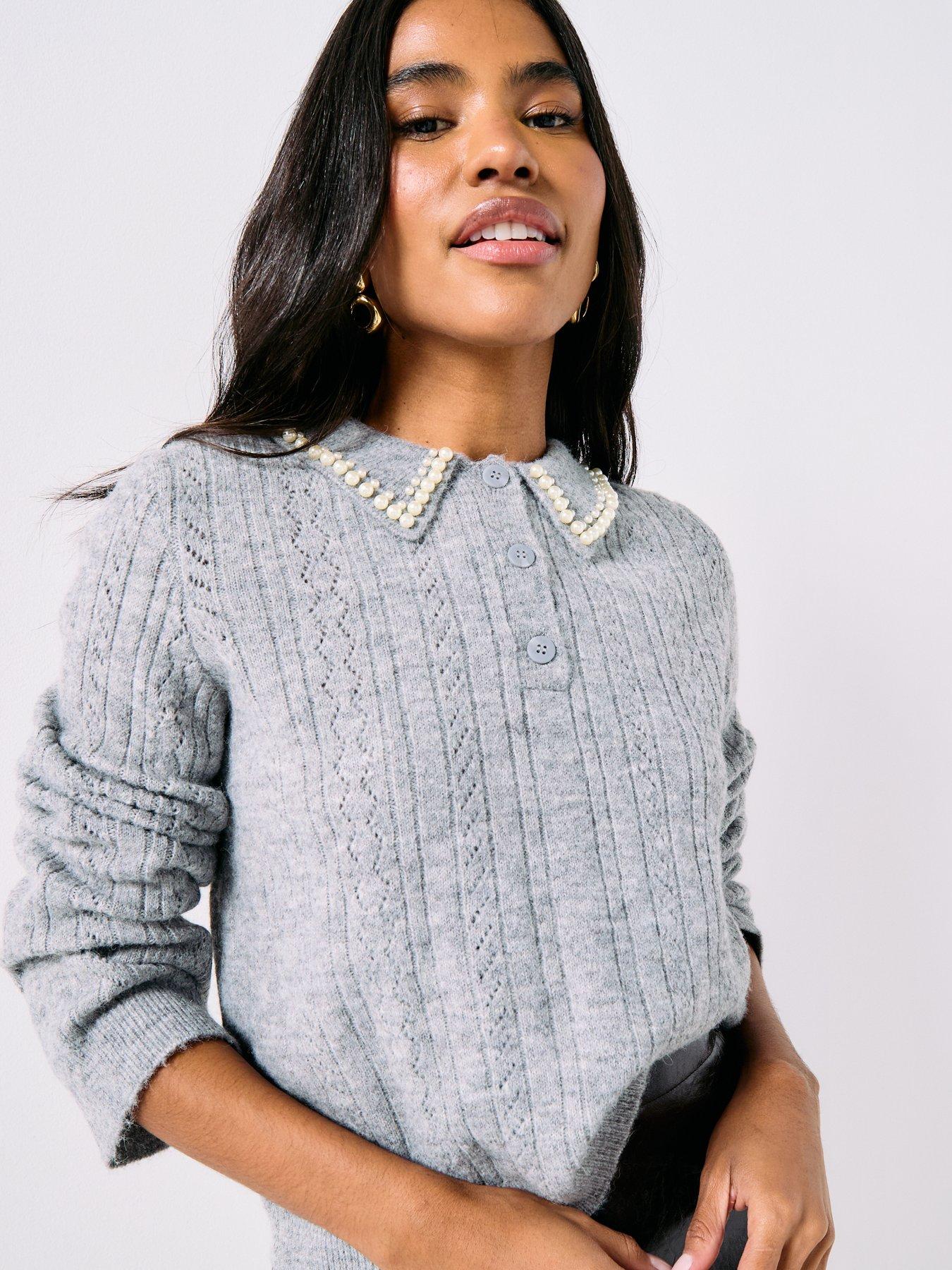 JDY April Life Long Sleeve Pearl Collar Knitted Jumper - Grey