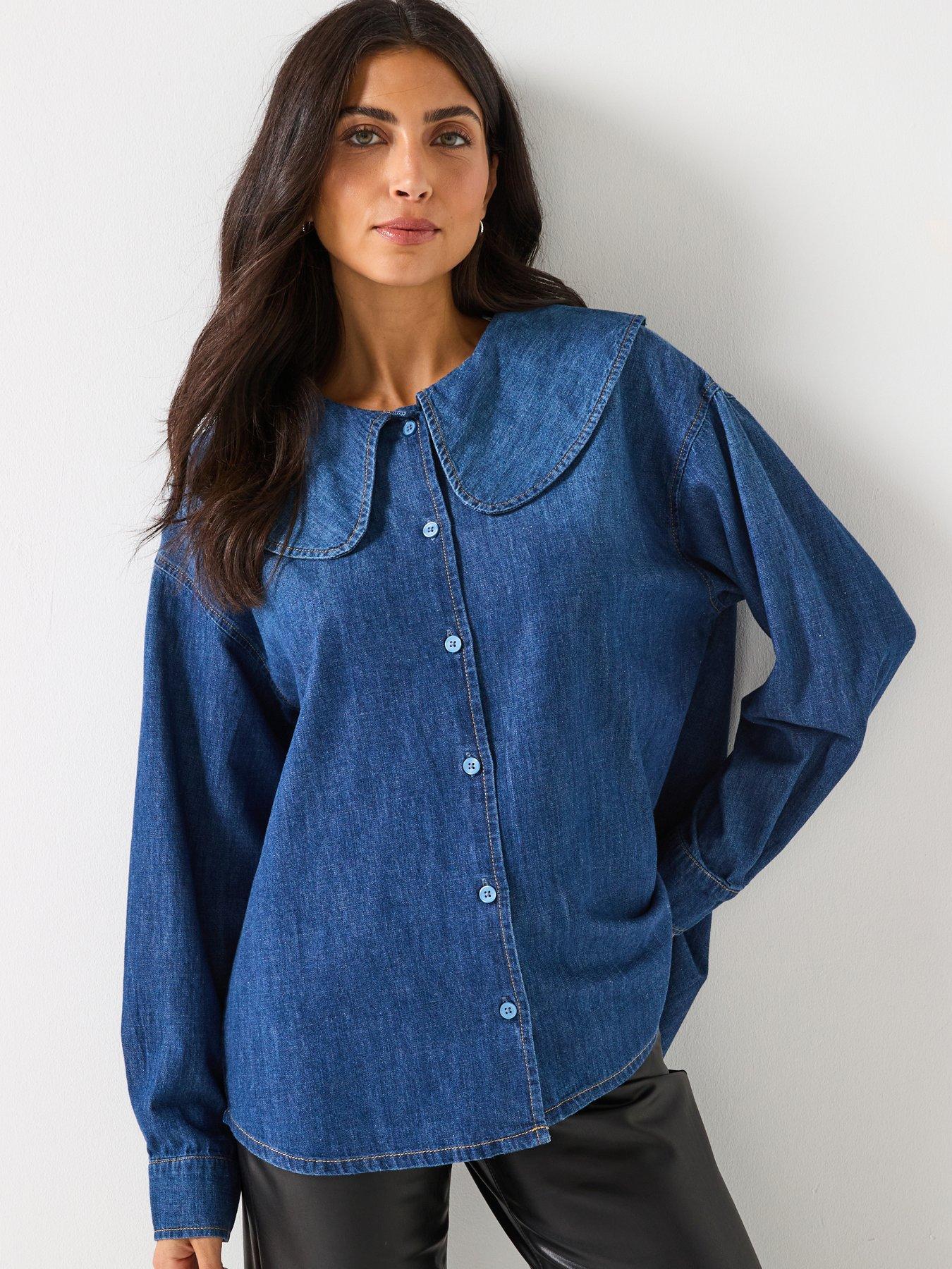 only-nala-long-sleeve-collar-denim-shirt-blue