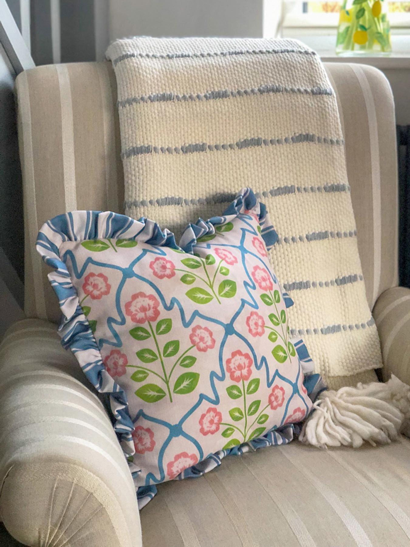 rucomfy Frilled Cushion - Seafoam Blue Lattice Stripe