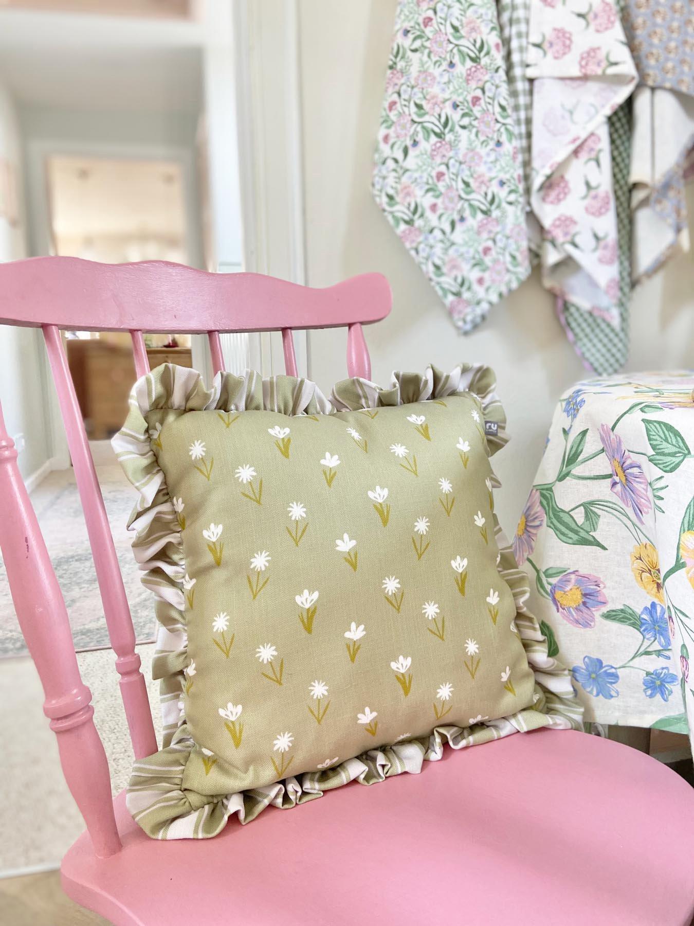 rucomfy Frilled Cushion - Olive Green Ditsy Stripe