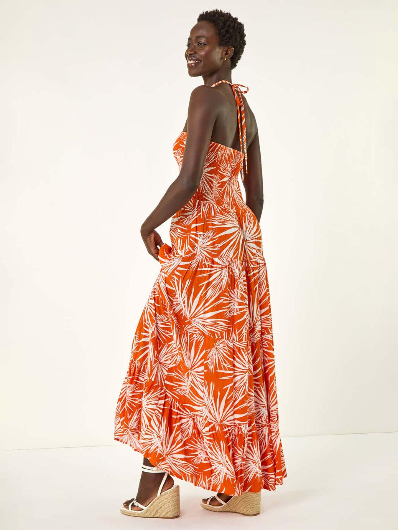 roman-leaf-print-shirred-bandeau-midi-dress-orangestillFront