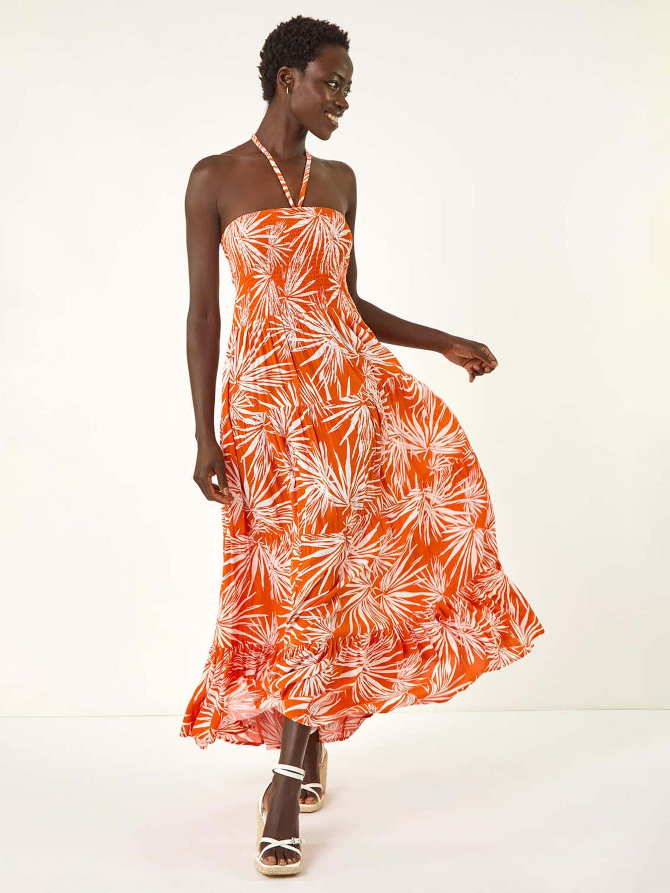 roman-leaf-print-shirred-bandeau-midi-dress-orangeback