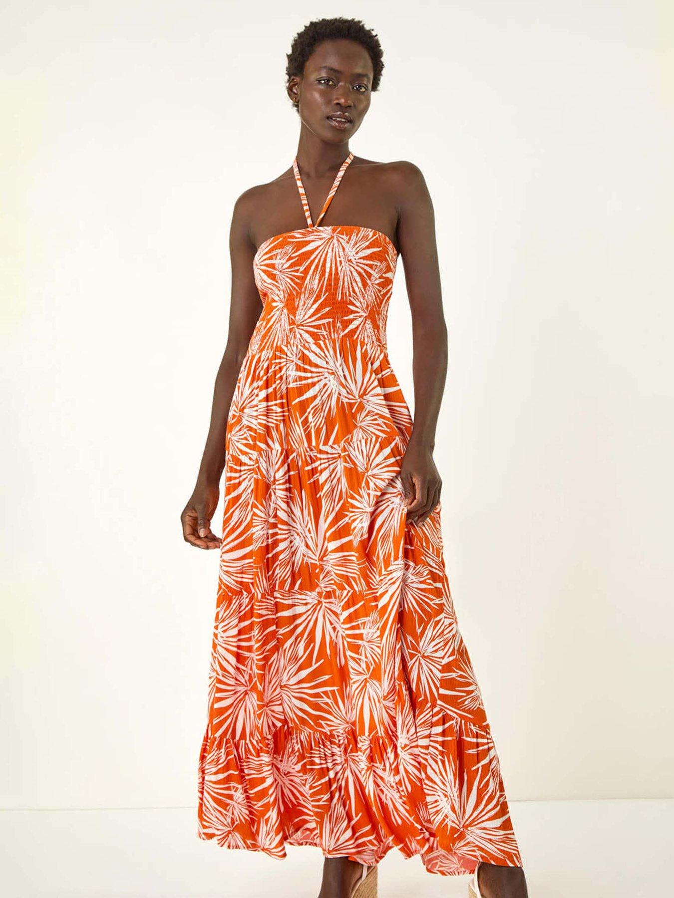 roman-leaf-print-shirred-bandeau-midi-dress-orangeoutfit