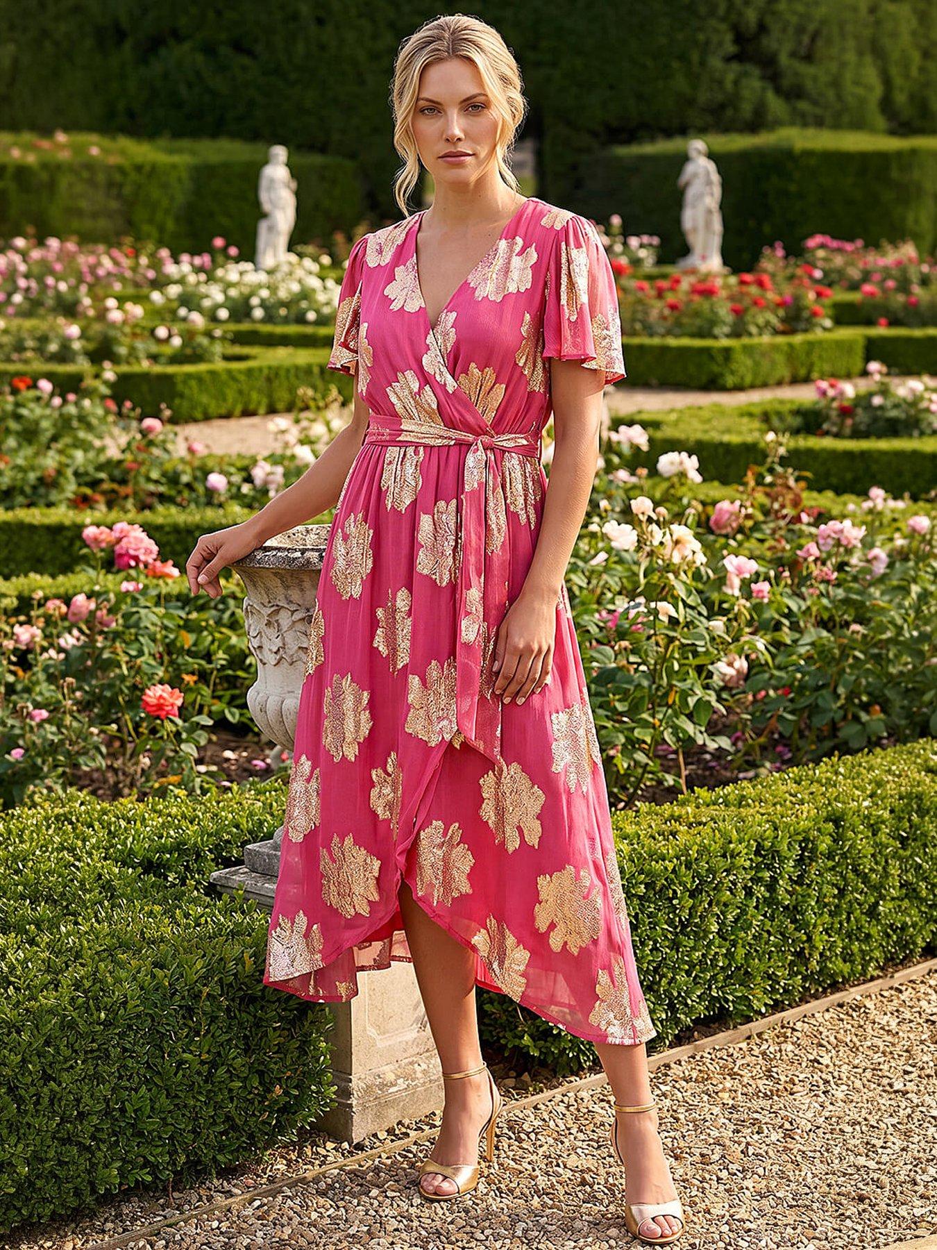 Roman Jacquard Midi Wrap Dress - Pink