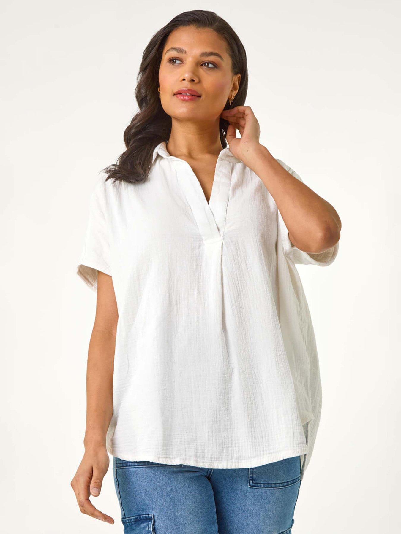 Image 3 of 5 of Roman Collared V-neck Pleated Top - White