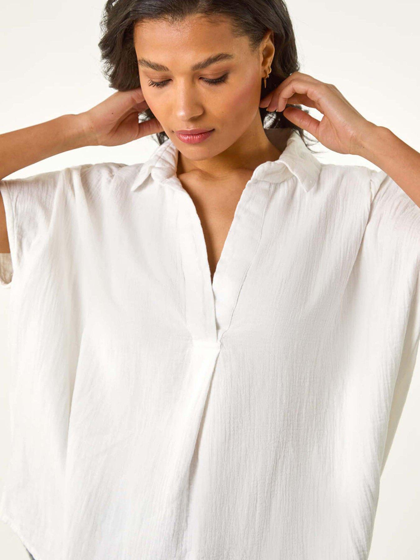 Image 4 of 5 of Roman Collared V-neck Pleated Top - White