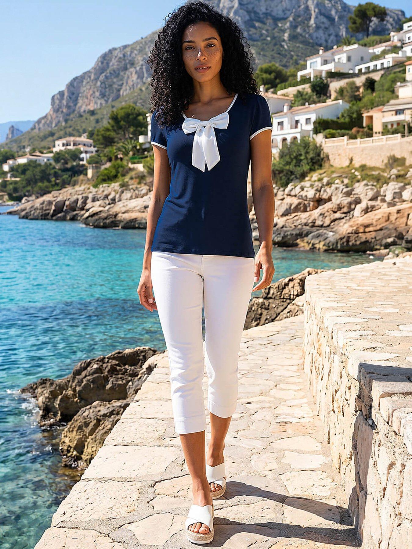 Roman Bow Front Stretch Top - Navy