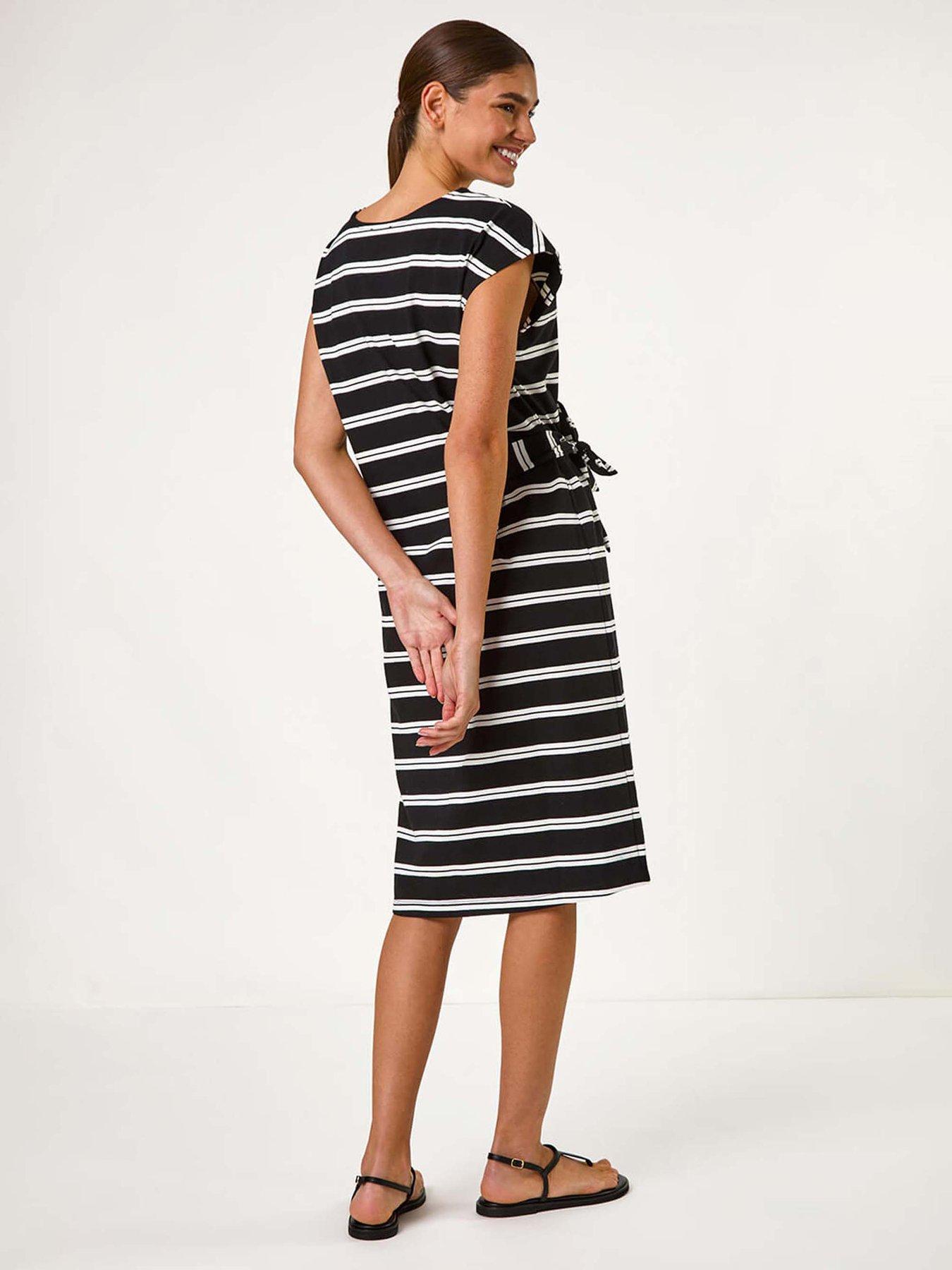 roman-stripe-tie-side-stretch-midi-dress-blackstillFront