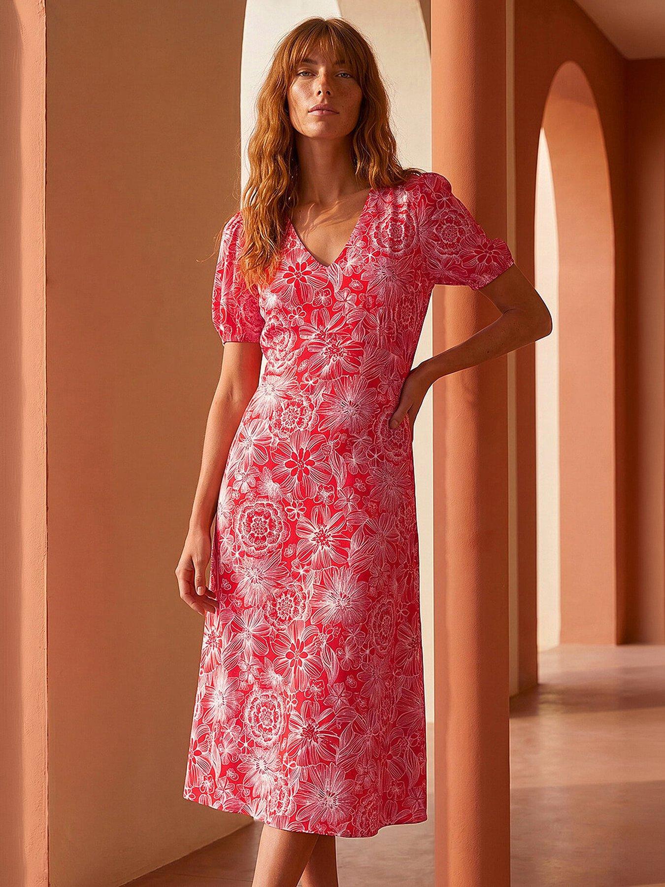 Roman Floral Midi Tea Dress - Red