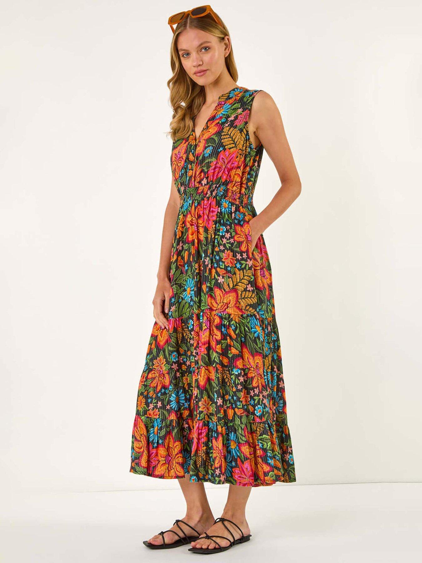 Roman Floral Shirred Maxi Dress - Red