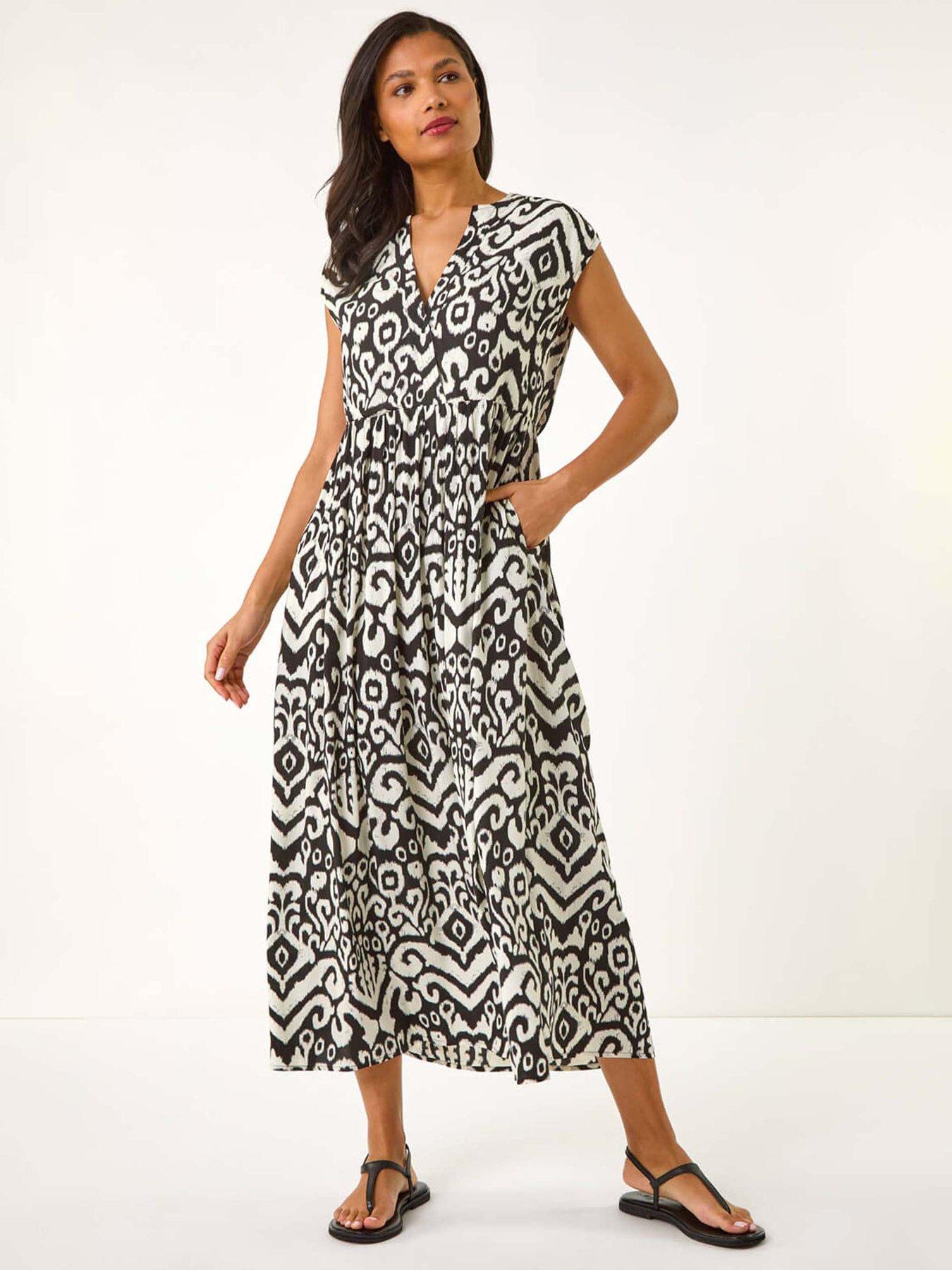Roman Aztec Print Midi Smock Dress - Black